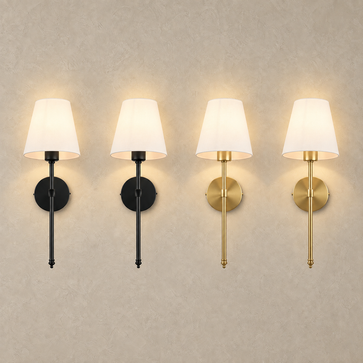 Rimavio black and gold LED wall sconce sets lit together with matching fabric shades