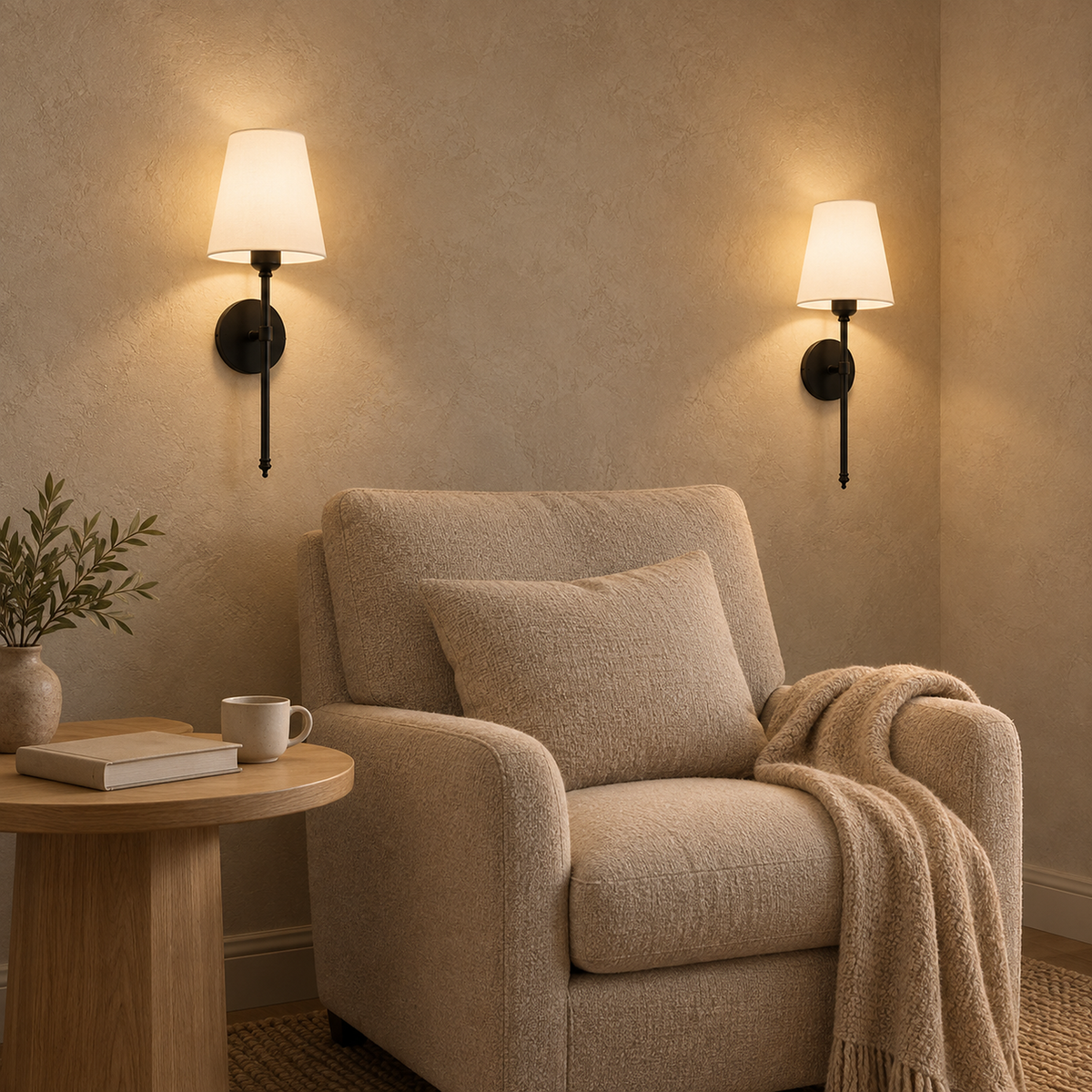 Rimavio black battery operated wall sconce pair lit behind a reading nook chair #color_black