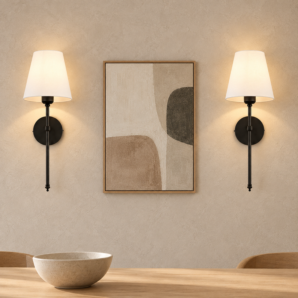 Rimavio black cordless wall lamp pair glowing beside dining room artwork in daylight #color_black