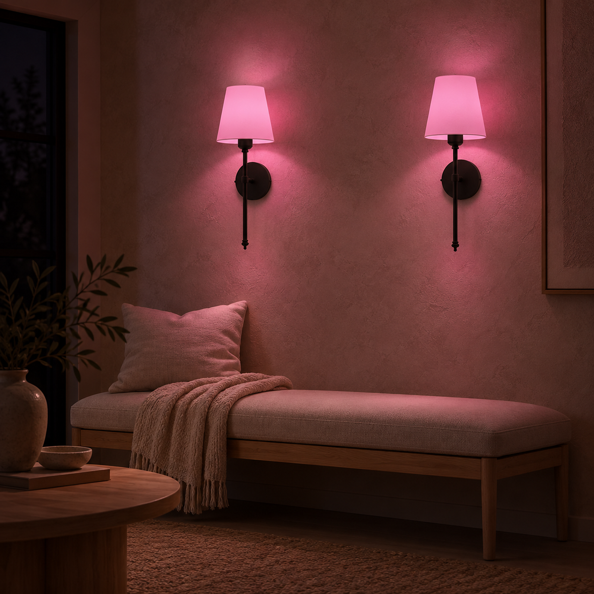Rimavio black rechargeable wall sconce pair casting colored RGB light across a lounge at night #color_black