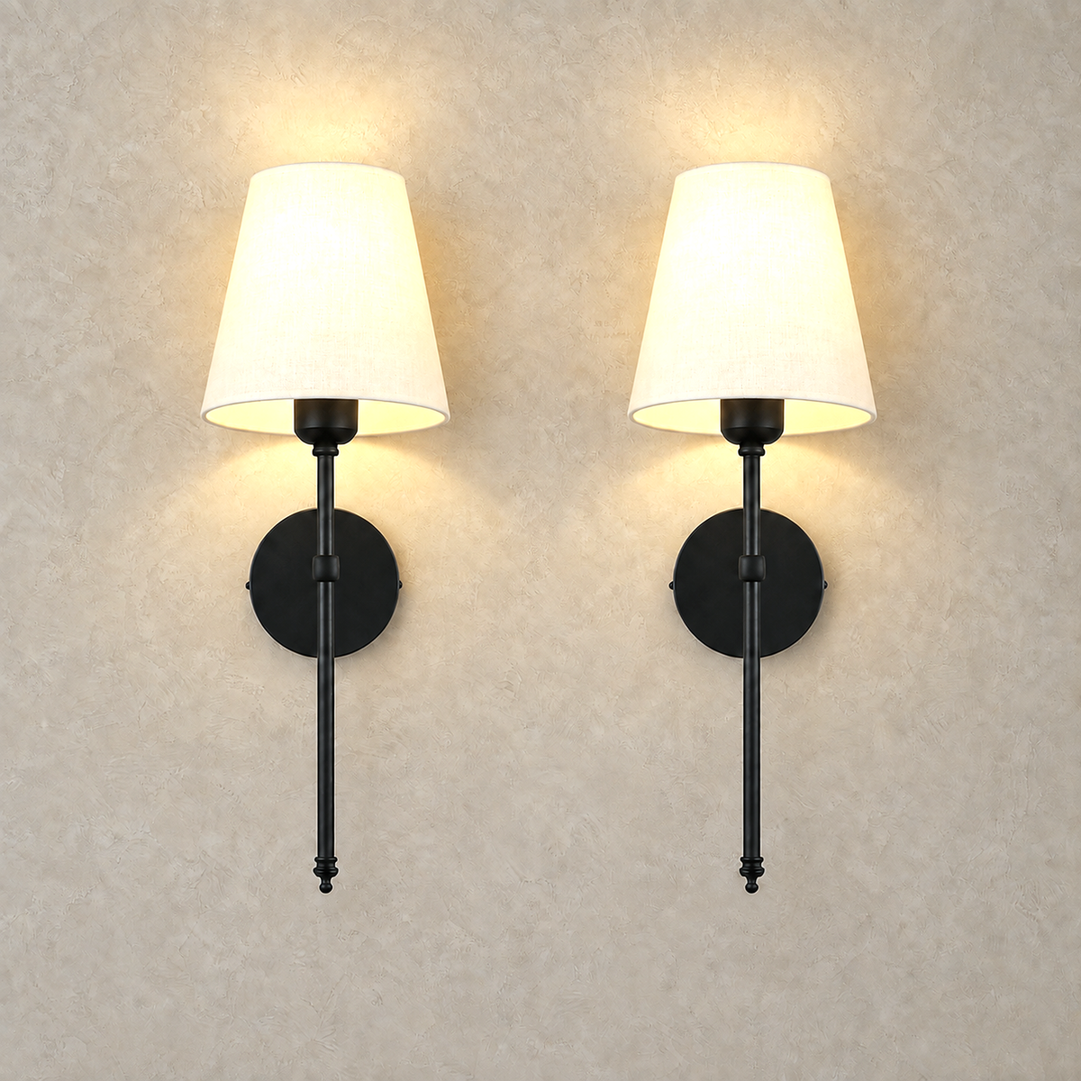 Rimavio black rechargeable wall sconce pair with warm glowing fabric shades in a studio shot #color_black