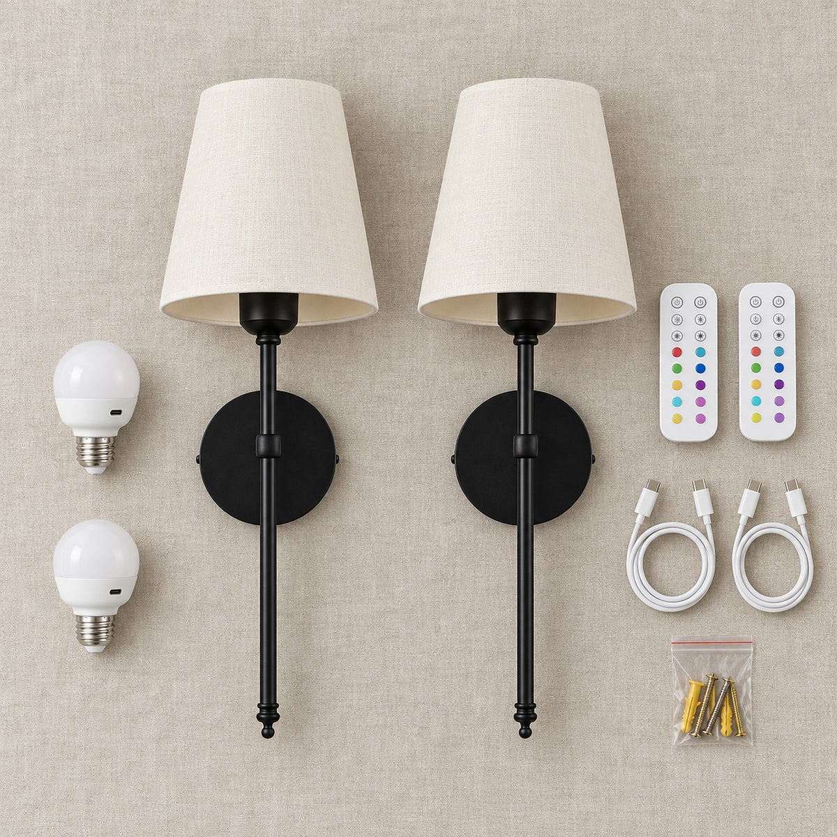 Rimavio black wall sconce set of 2 in the box: two sconces, two rechargeable bulbs, two remotes and two USB-C cables #color_black