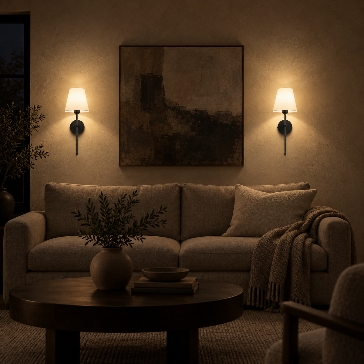 Rimavio black wireless wall light pair lit around living room artwork at night