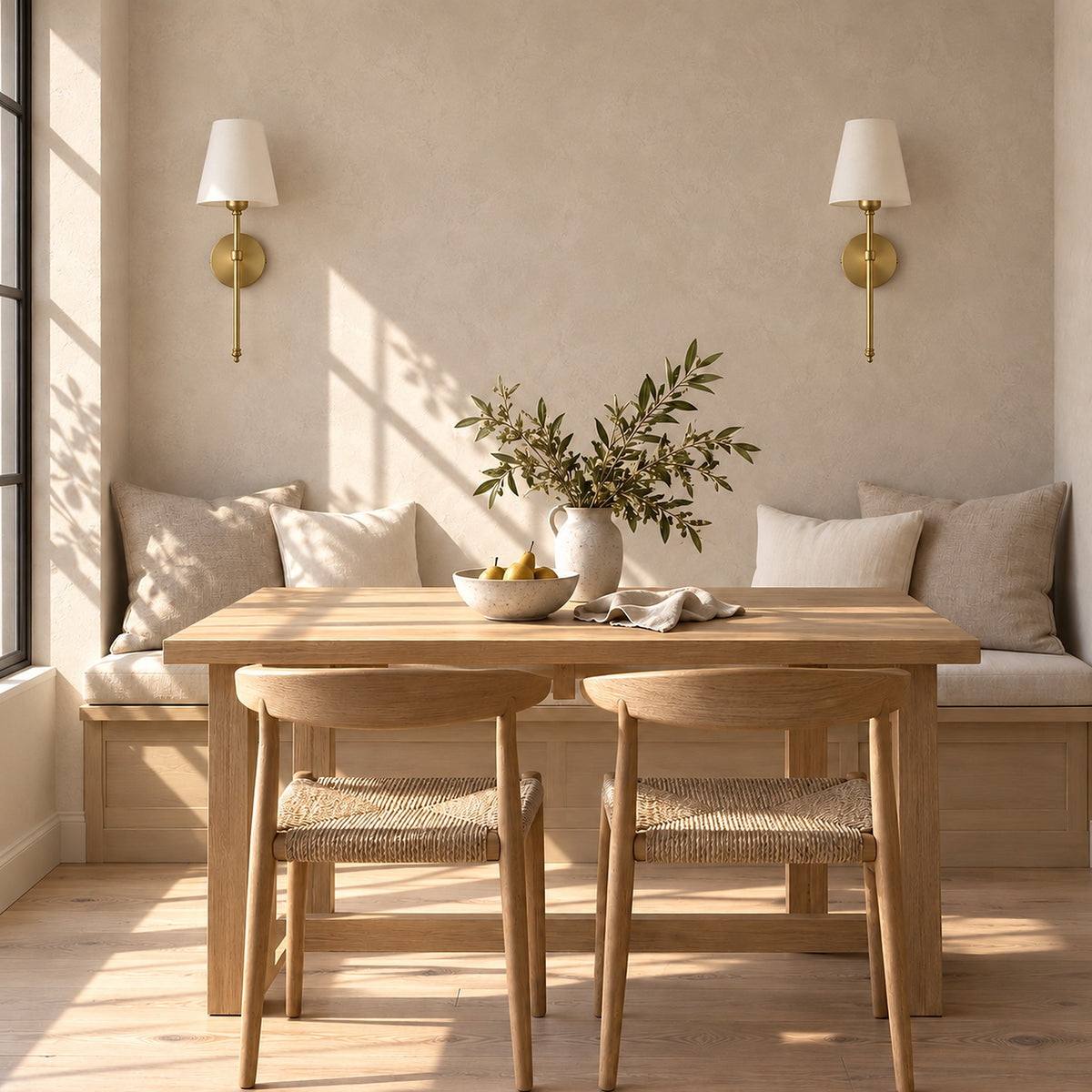 Rimavio gold cordless wall lamp pair on a breakfast room wall in bright sunshine #color_gold