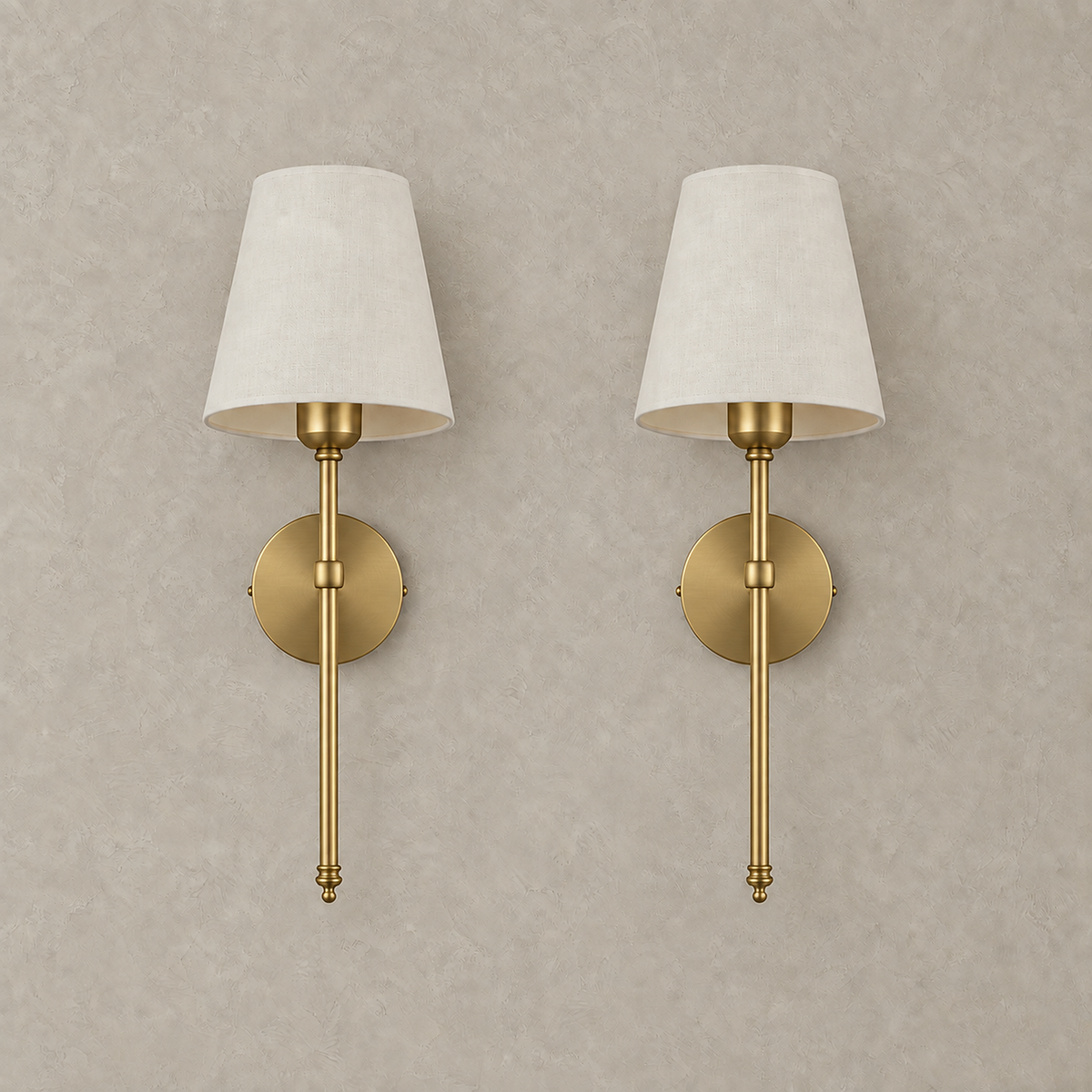 Rimavio gold LED wall sconce pair unlit showing the metal finish and fabric shades #color_gold