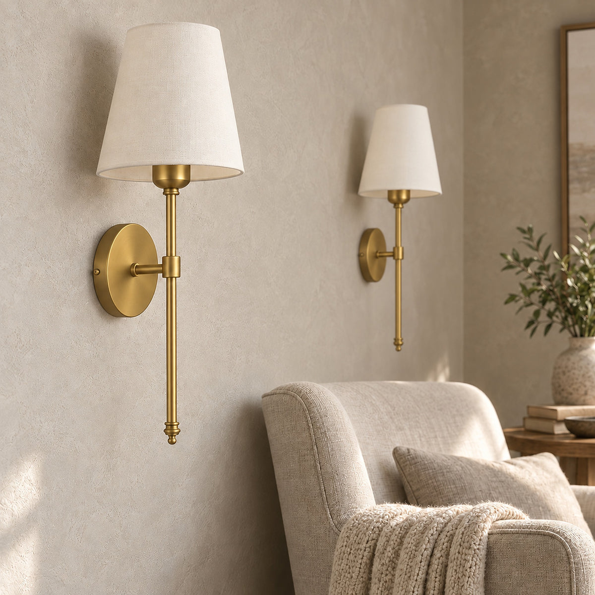 Rimavio gold rechargeable wall sconce close up of the fabric shade and gold metal stem in a reading nook #color_gold