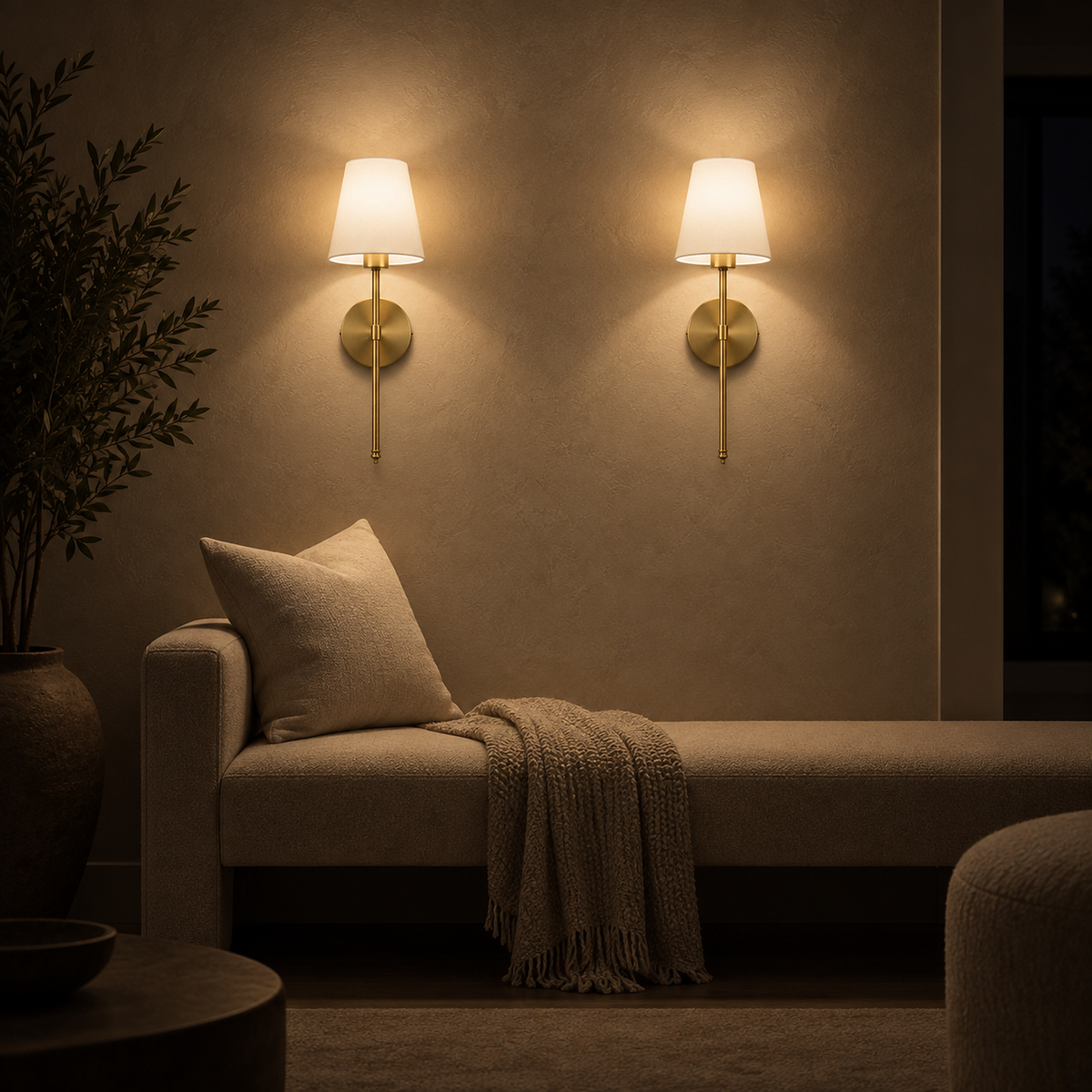 Rimavio gold wireless wall light pair adding warm ambient light to a lounge at night #color_gold