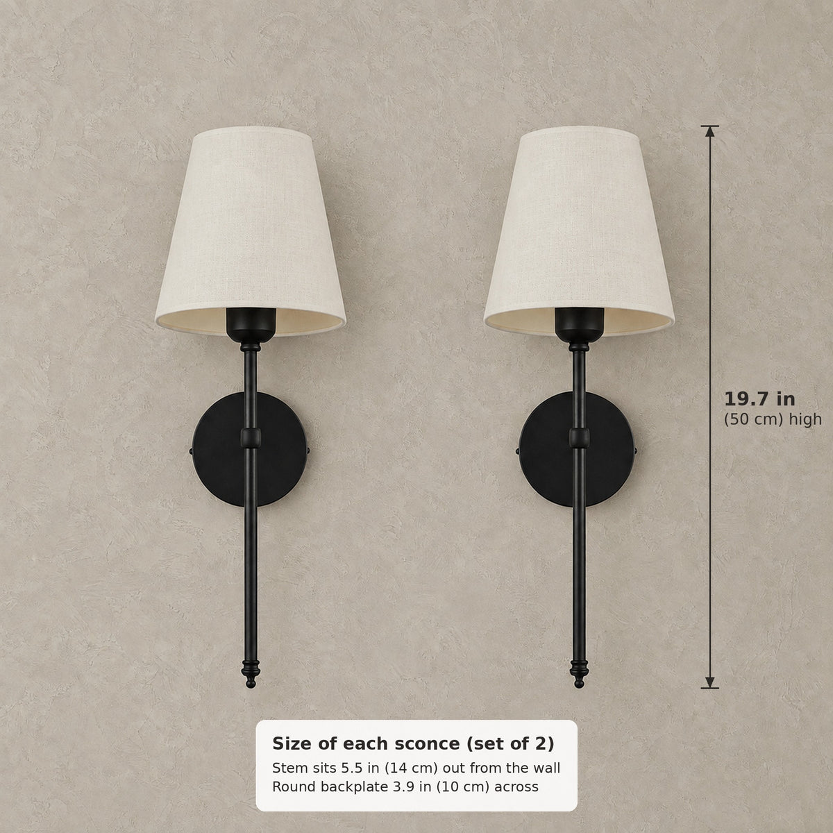 Rimavio wall sconce set of 2 size: each sconce 19.7 in (50 cm) high, stem 5.5 in (14 cm) from the wall, backplate 3.9 in (10 cm)