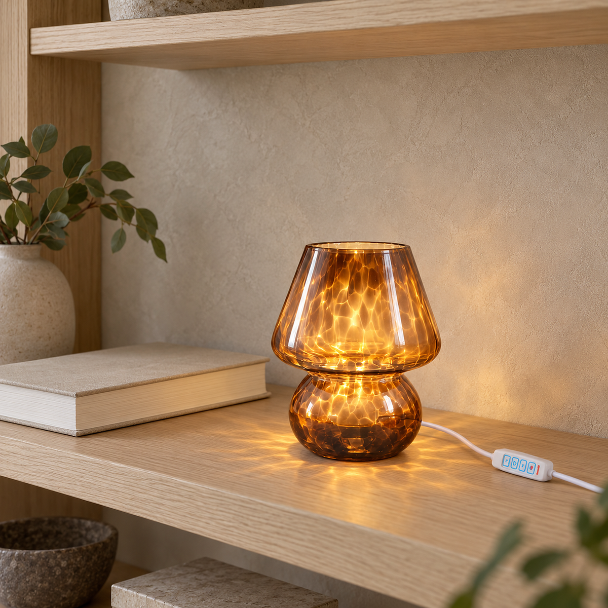 Rimelota brown bedside lamp glowing on a library shelf with its push button switch and USB power