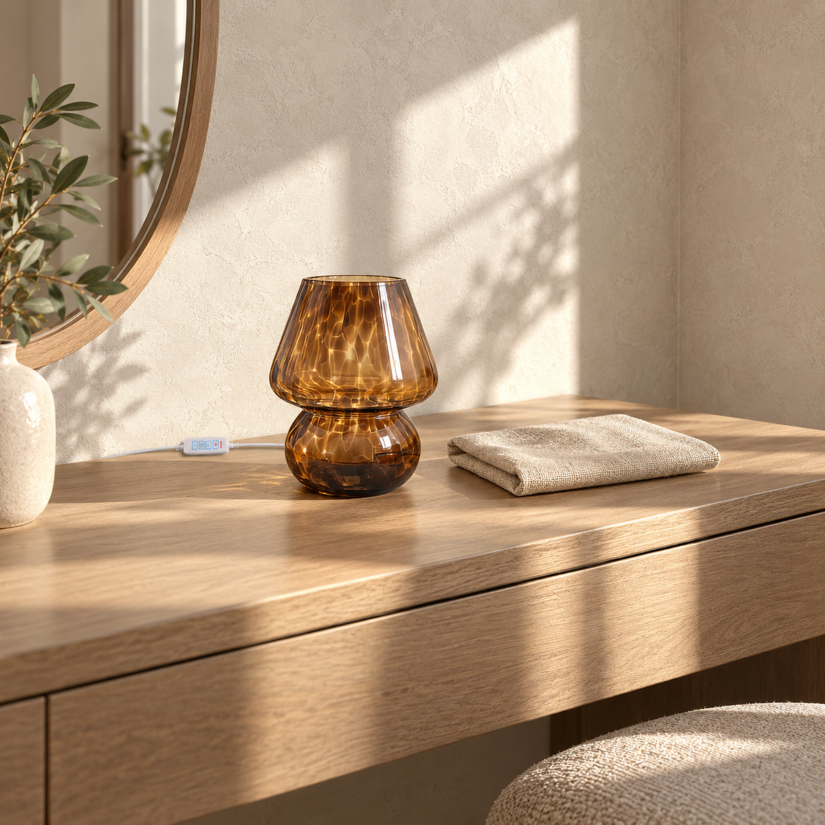 Rimelota brown bedside lamp resting unlit in direct sunlight on a dressing room table