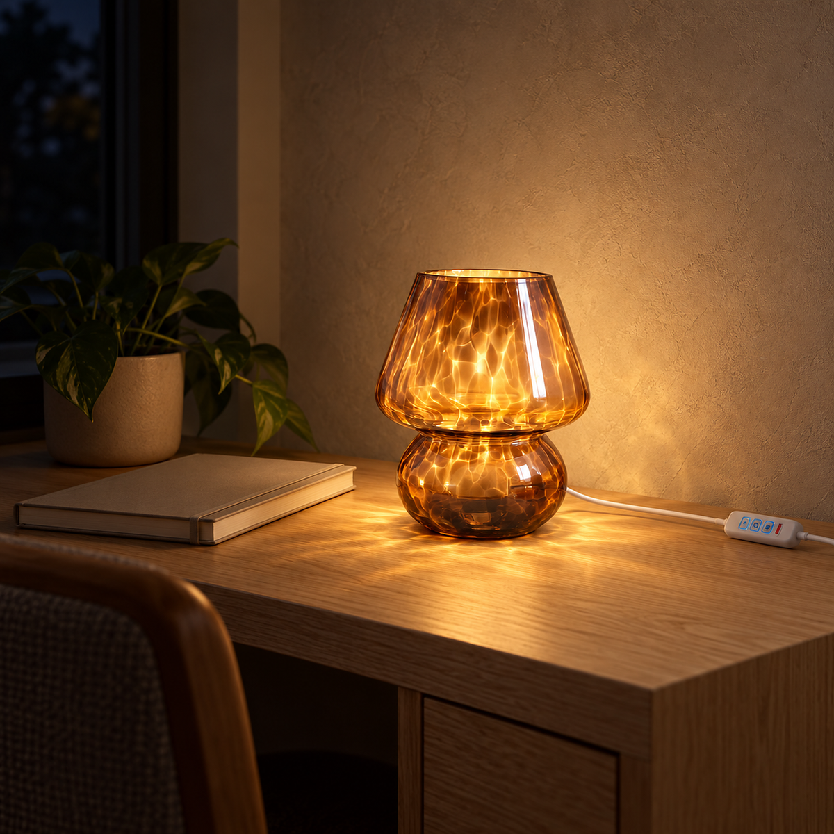 Rimelota brown table lamp on a warm setting lighting a home office desk after work
