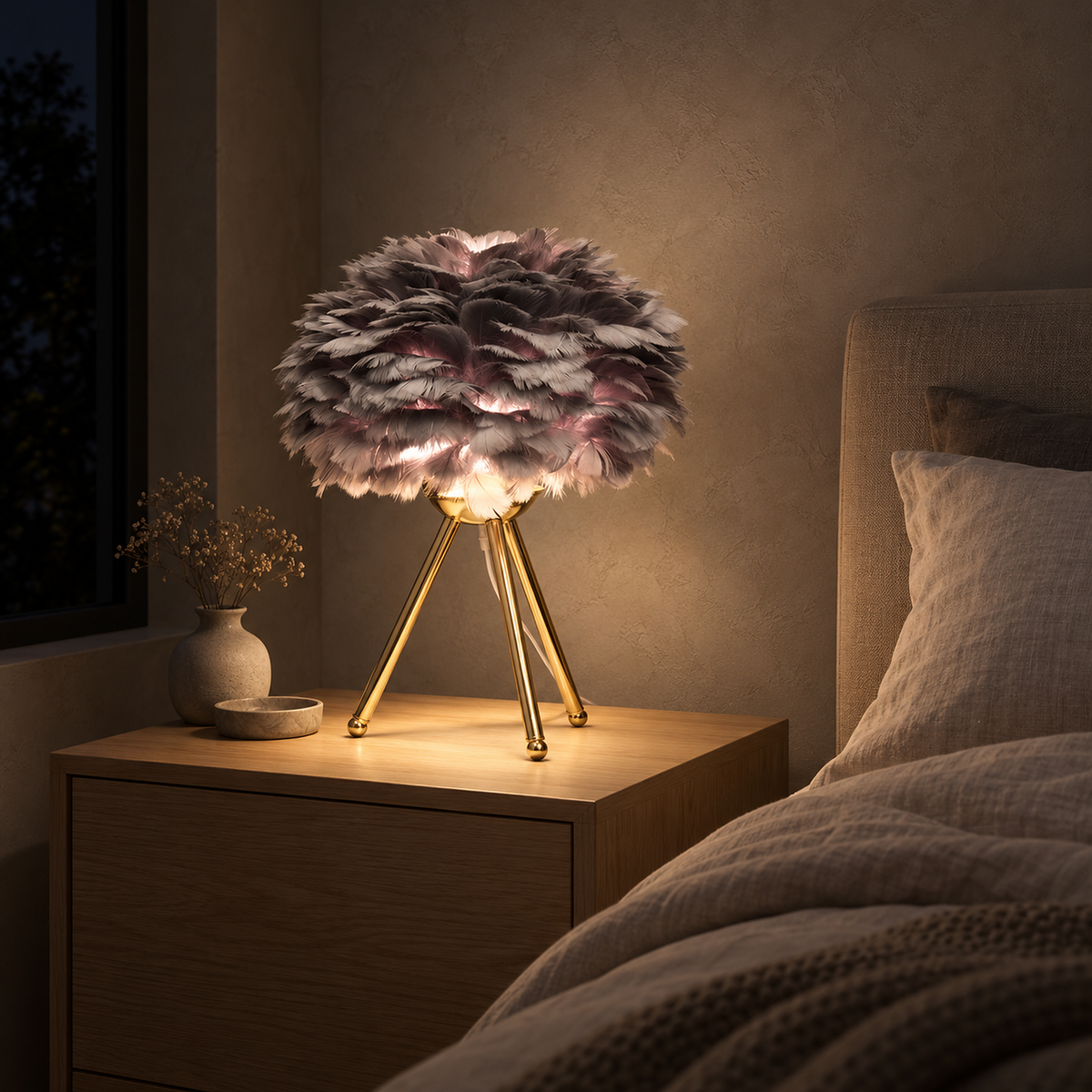 Rimolen gray gold bedside lamp at night, light glowing through the feathers in a guest sleeping alcove #color_gray gold