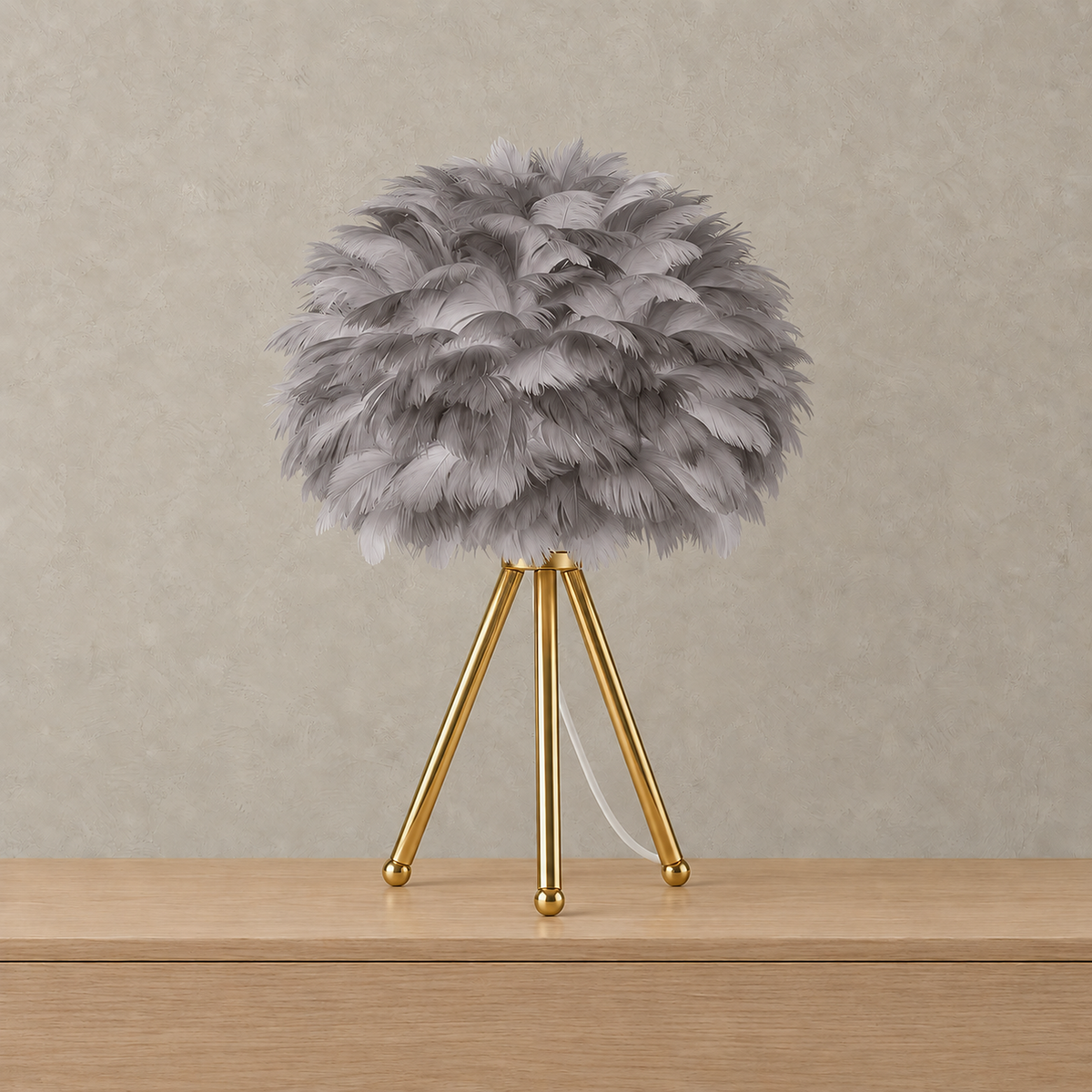 Rimolen gray gold feather table lamp with unlit layered feather shade and tripod base #color_gray gold