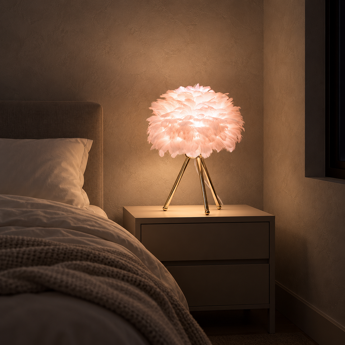 Rimolen light pink gold bedside lamp lit at night in a guest sleeping alcove, light falling on the table