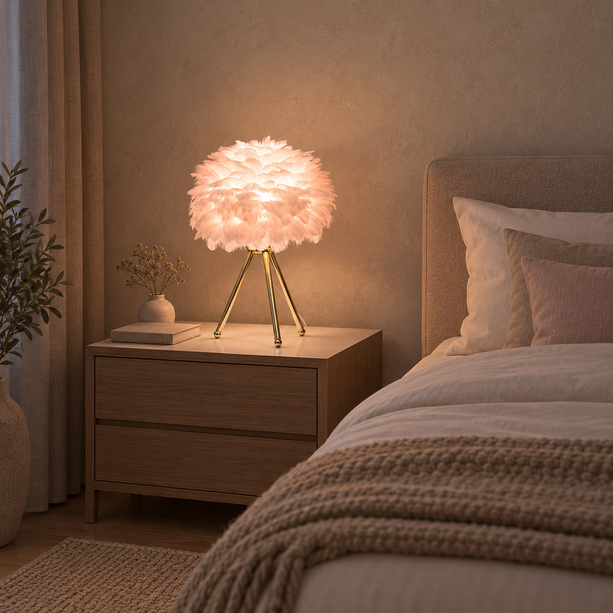 Rimolen light pink gold bedside lamp lit beside a made bed in a bedroom