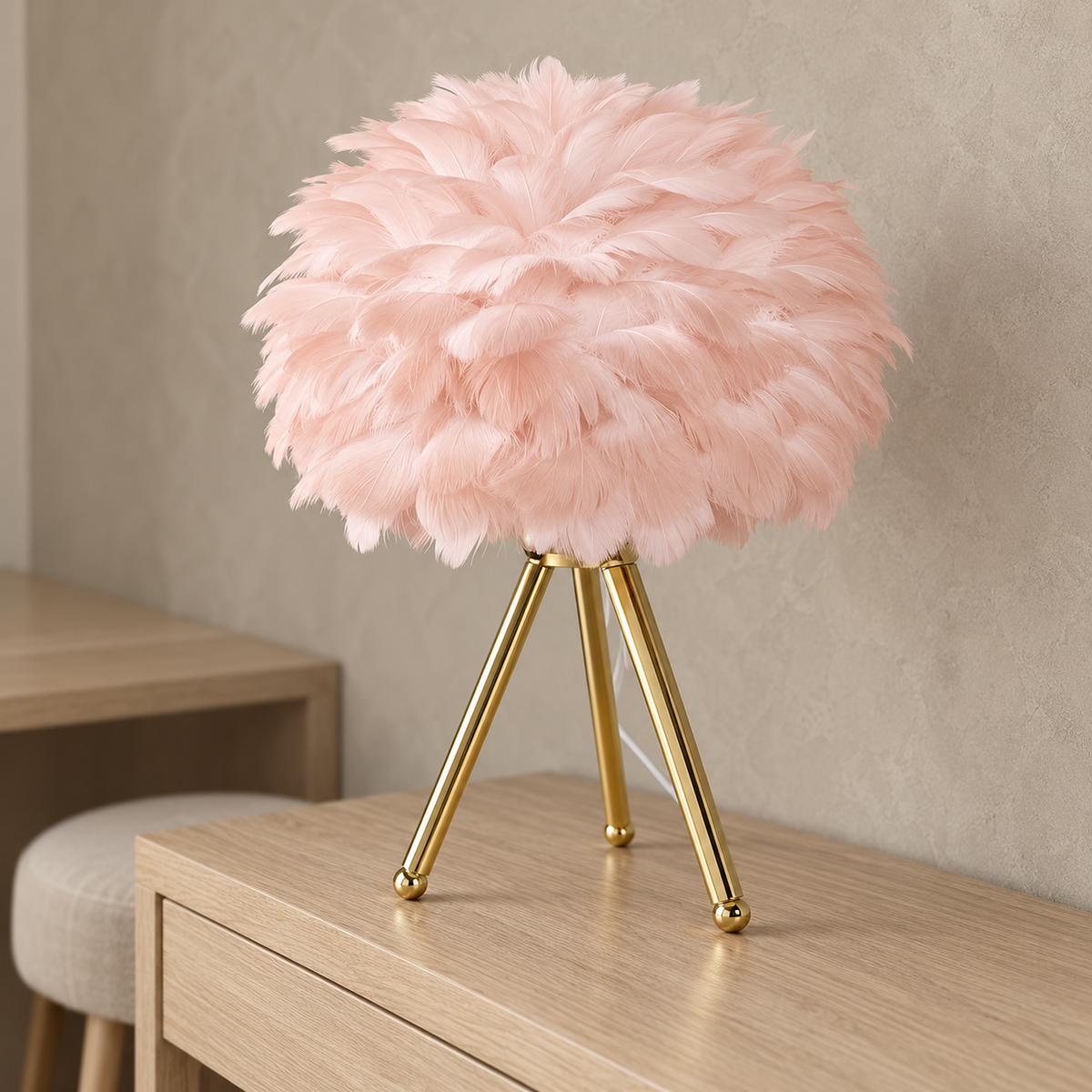 Rimolen light pink gold feather table lamp close up of unlit feather layers in daylight in a dressing room