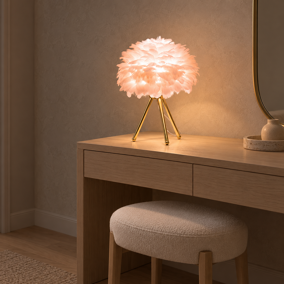 Rimolen light pink gold feather table lamp lit on a dressing room console