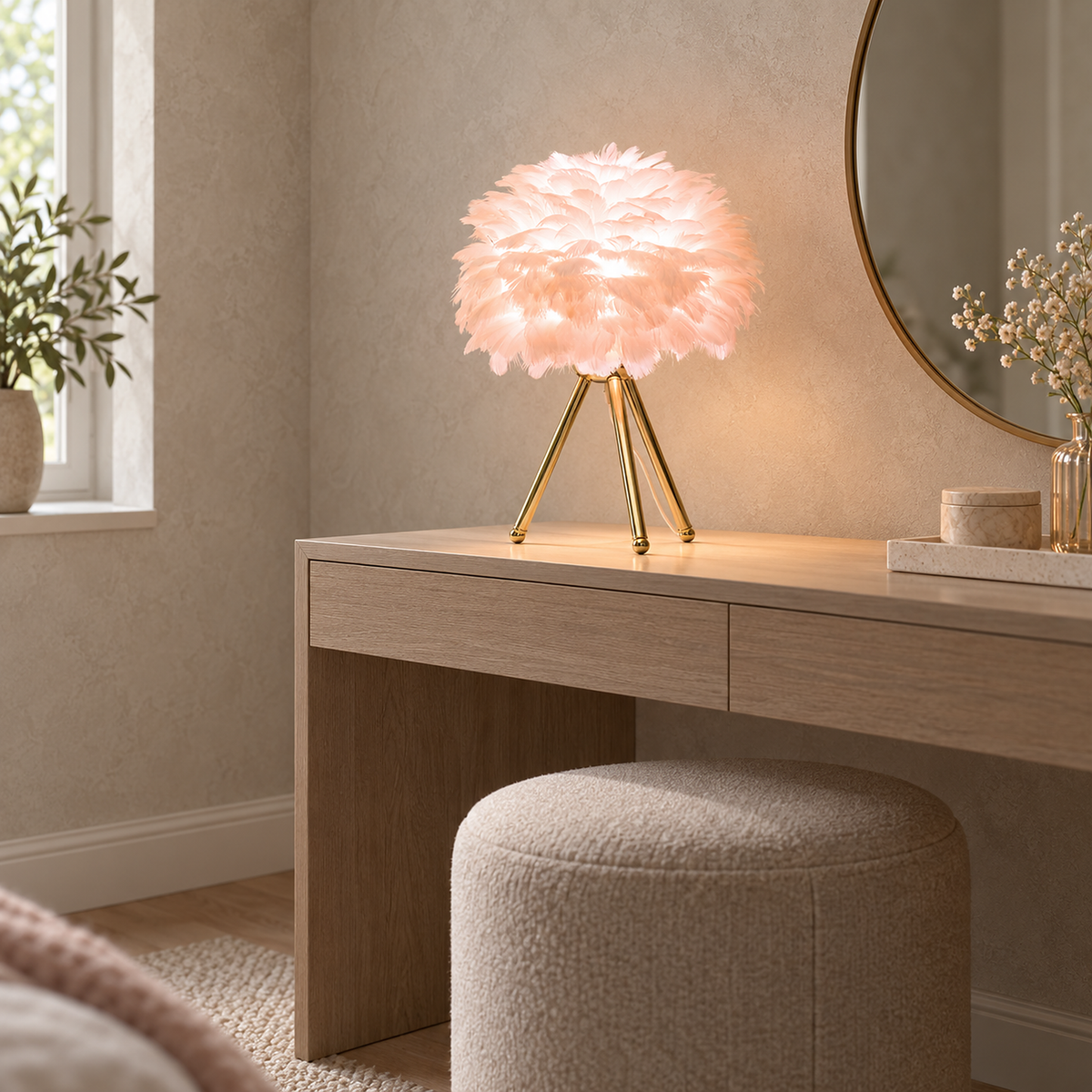 Rimolen light pink gold table lamp detail of the iron tripod base and power cord, switched on