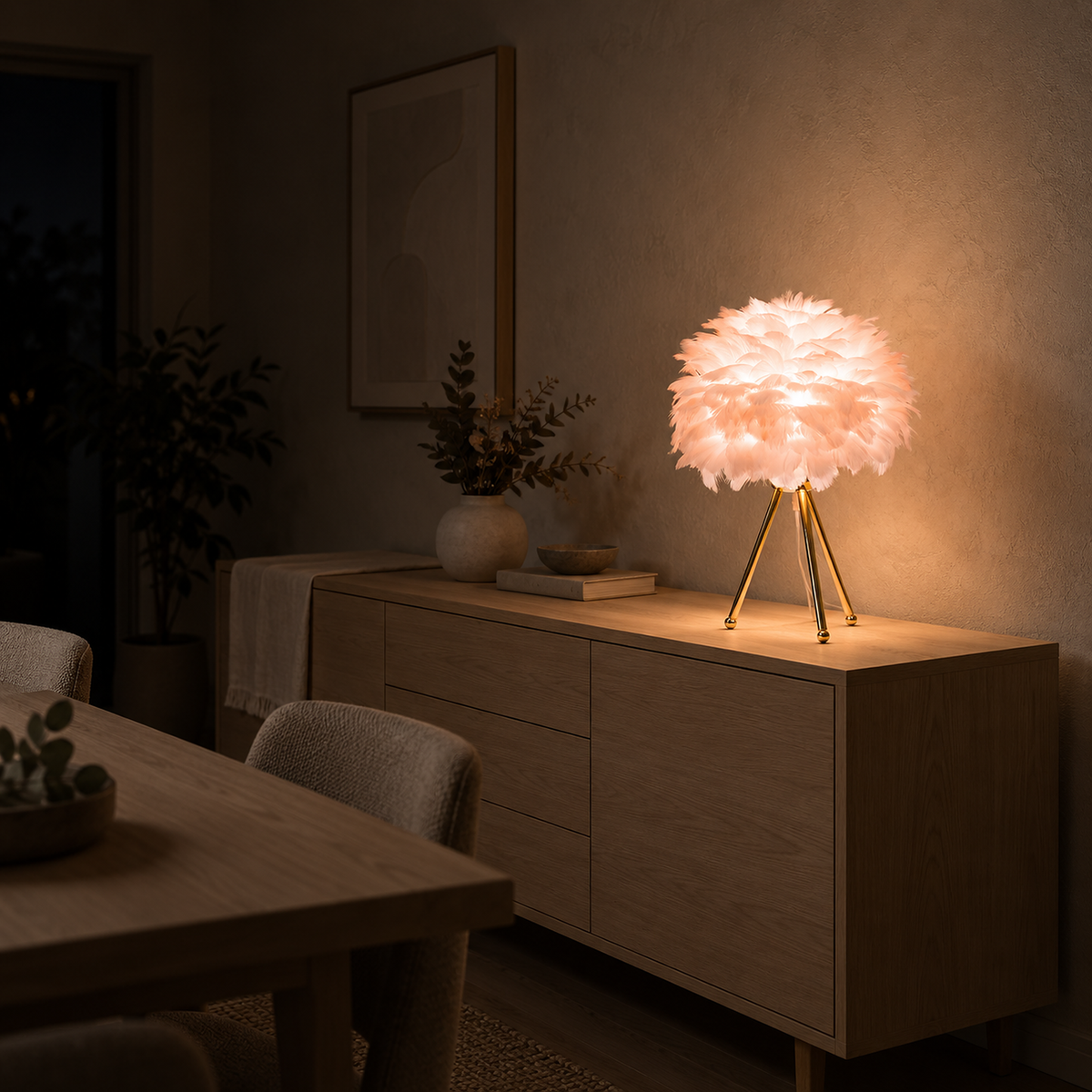 Rimolen light pink gold table lamp lighting a dining sideboard at night