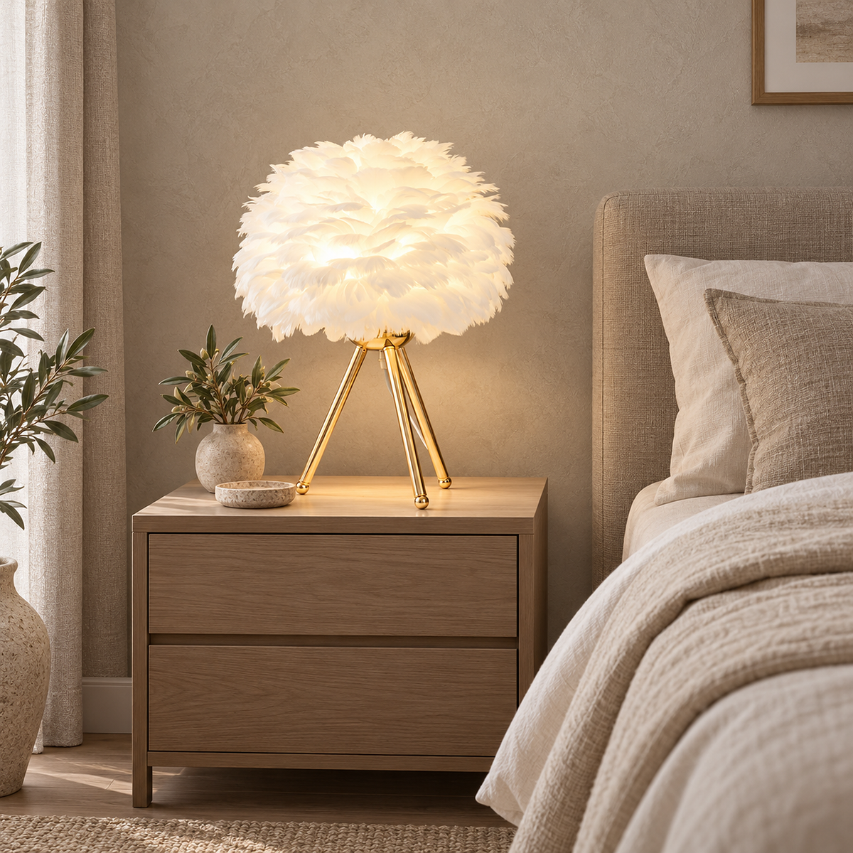 Rimolen white gold bedside lamp glowing beside oatmeal bedding in a guest sleeping alcove by day #color_white gold
