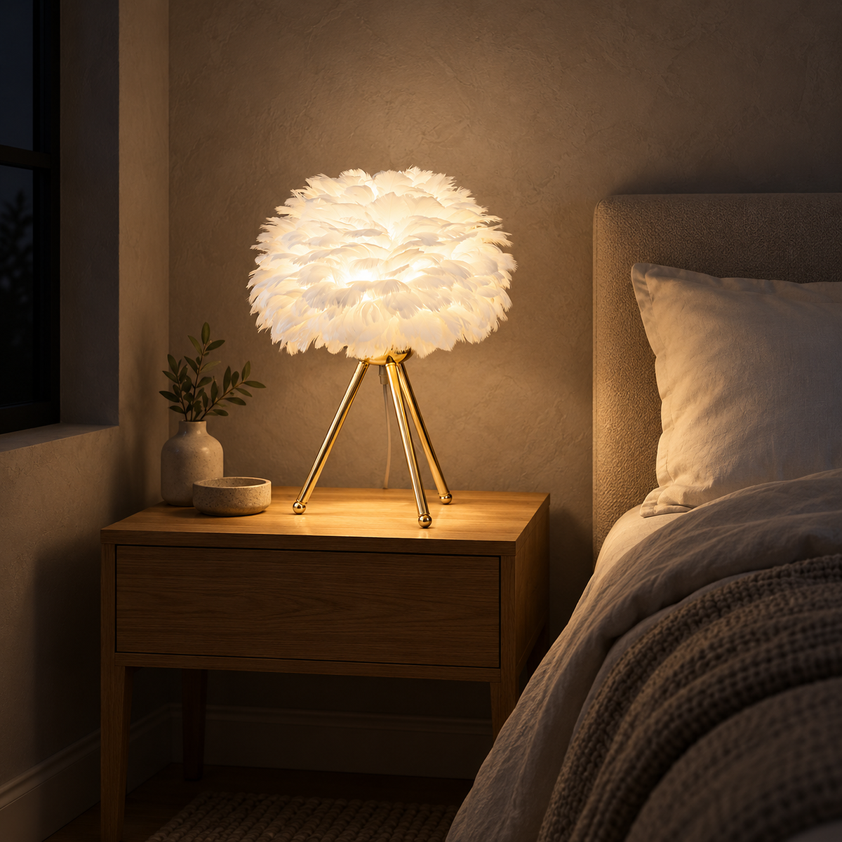 Rimolen white gold table lamp lit at night, casting light onto the bedside table in a guest sleeping alcove #color_white gold