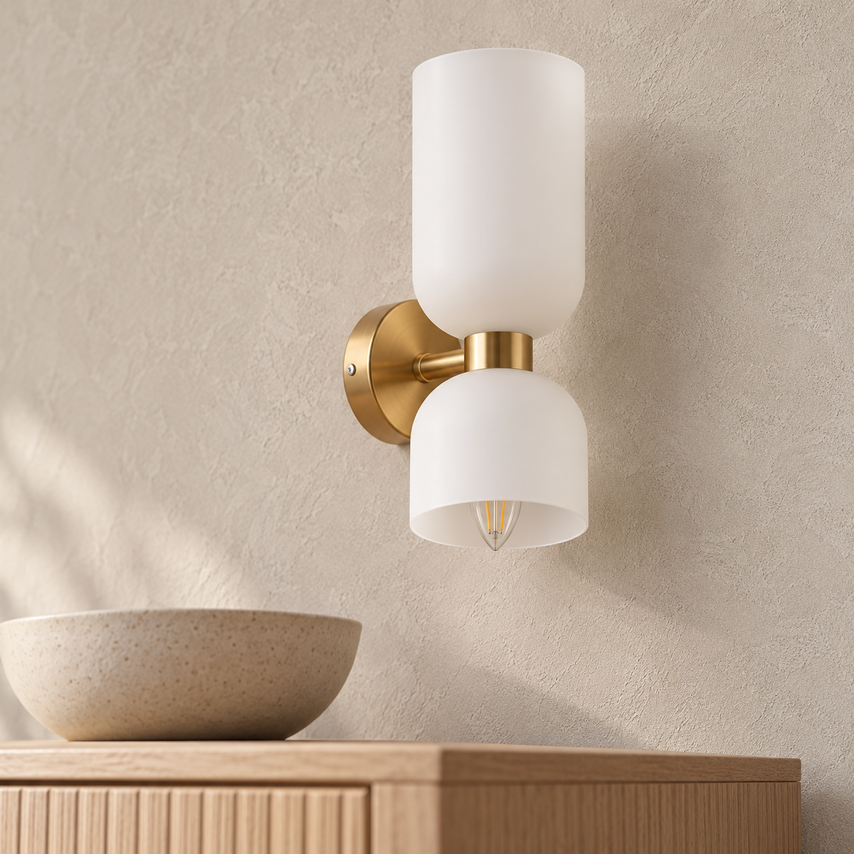 Riselona gold and opal glass wall lamp lower shade with an unlit bulb showing inside