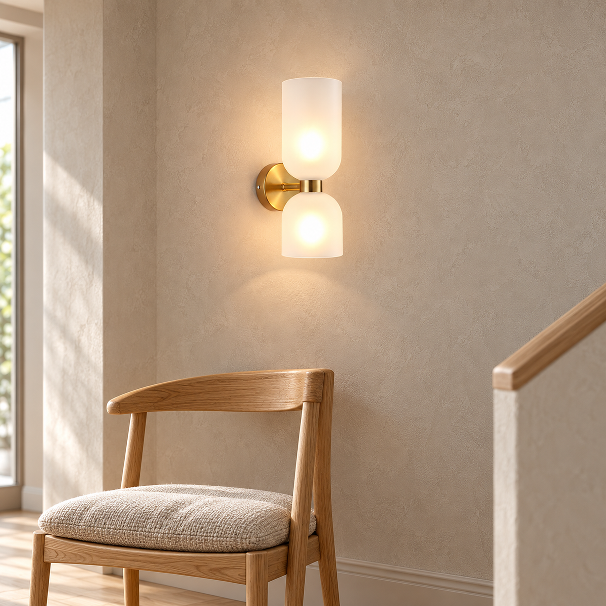 Riselona gold and opal glass wall light lit beside a chair on a stair landing