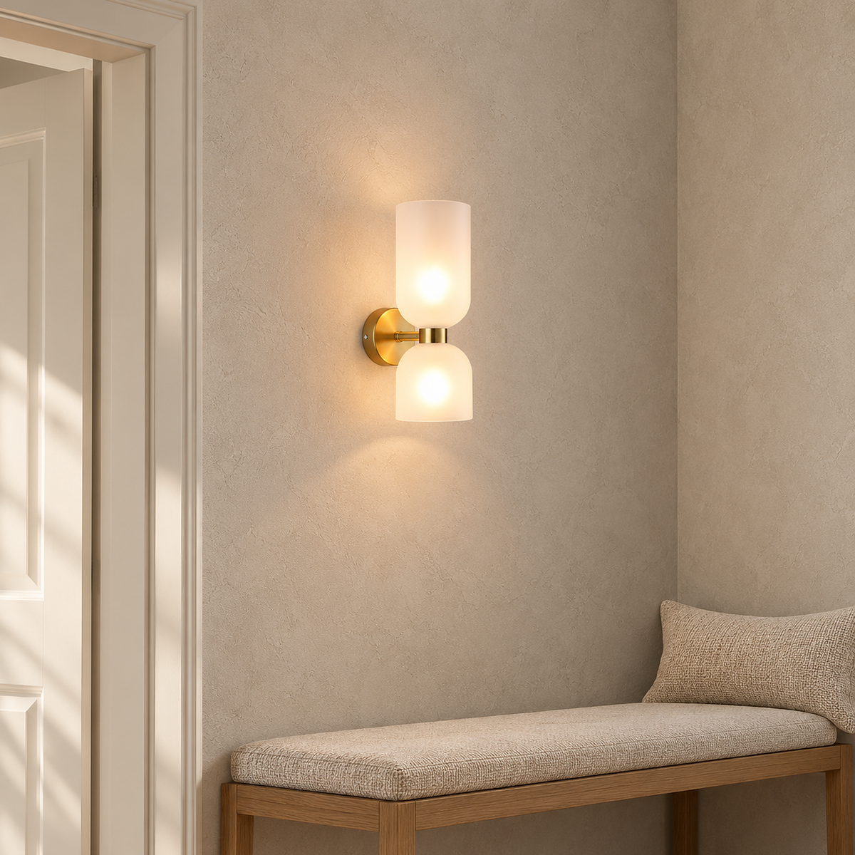Riselona gold and opal glass wall light on a narrow hallway wall beside a doorway