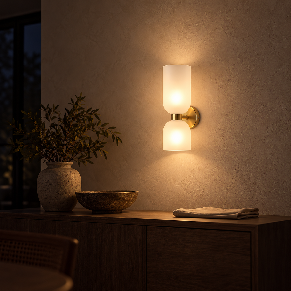 Riselona gold and opal glass wall sconce casting light up and down a dining room wall at night