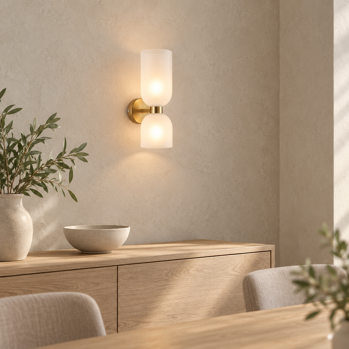 Riselona gold and opal glass wall sconce seen slightly from above showing both shades