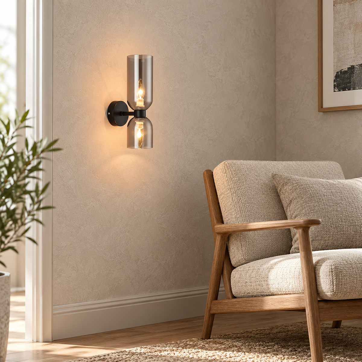 Riselona matte black and smoke gray glass wall light lit beside a stair landing chair #color_matte black & smoke gray glass