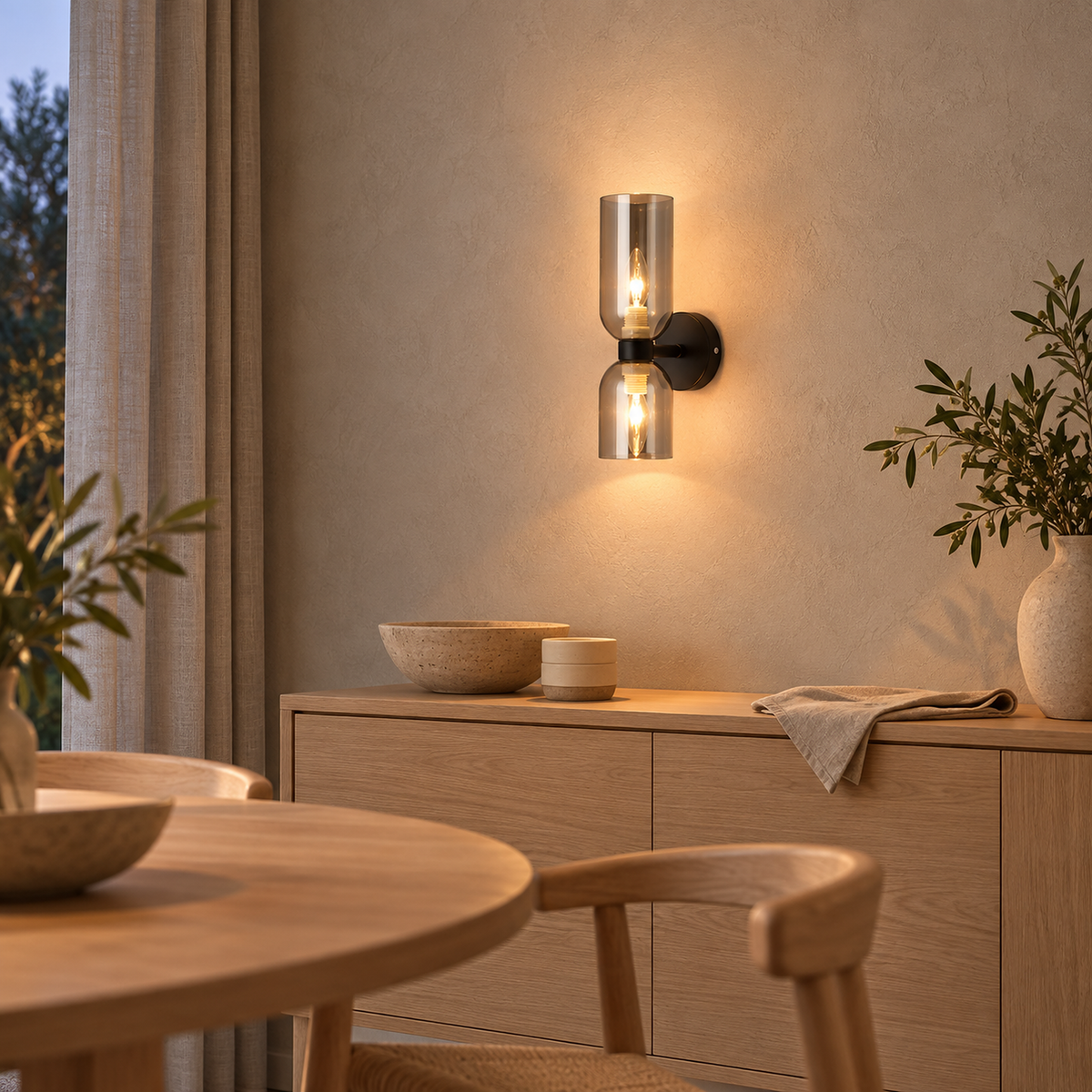 Riselona matte black and smoke gray glass wall light warming a dining room wall #color_matte black & smoke gray glass