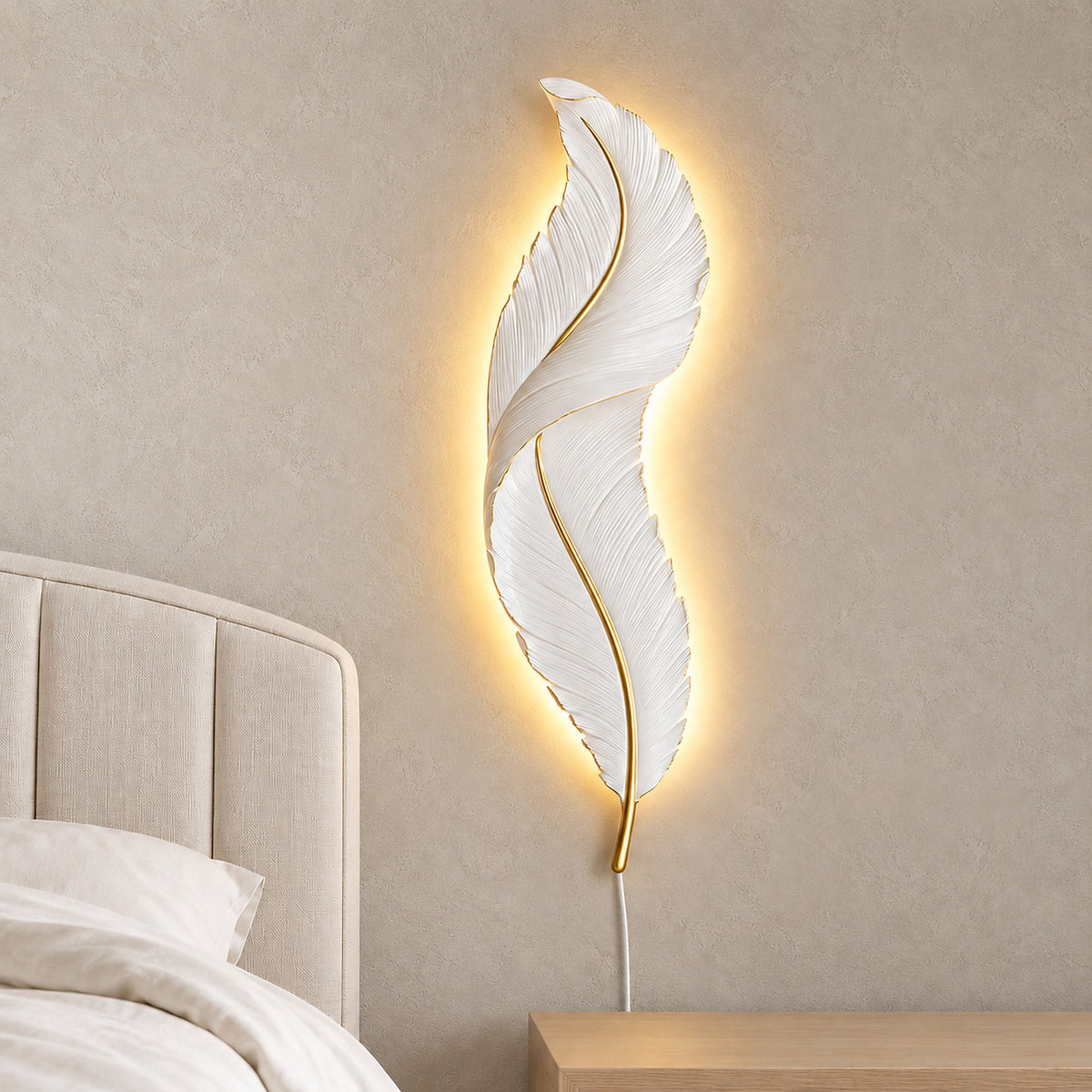 Riselvo white bedside wall light glowing above a guest bed with the bedside table top left clear