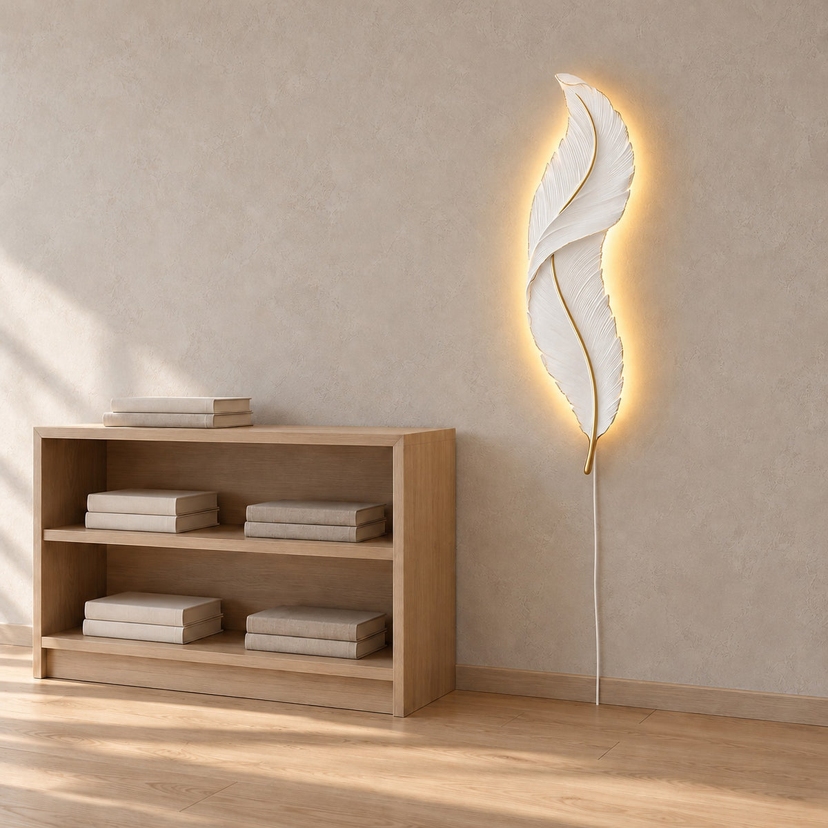 Riselvo white LED wall sconce with a soft glow from behind the feather on a library wall