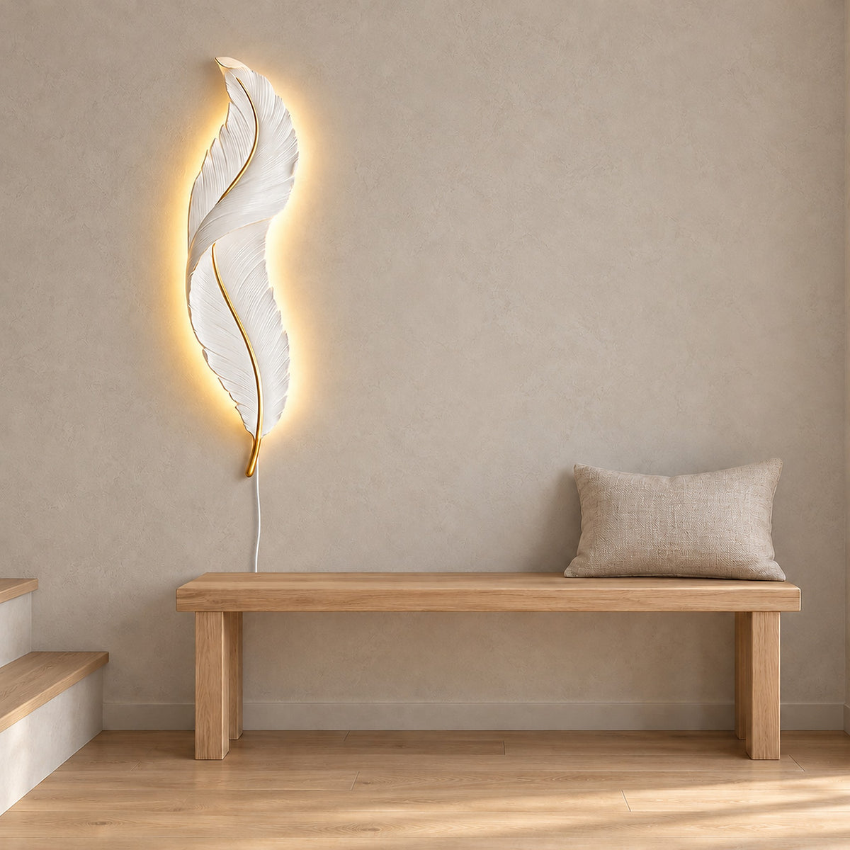 Riselvo white plug in wall lamp glowing above a bench on a stair landing in daylight