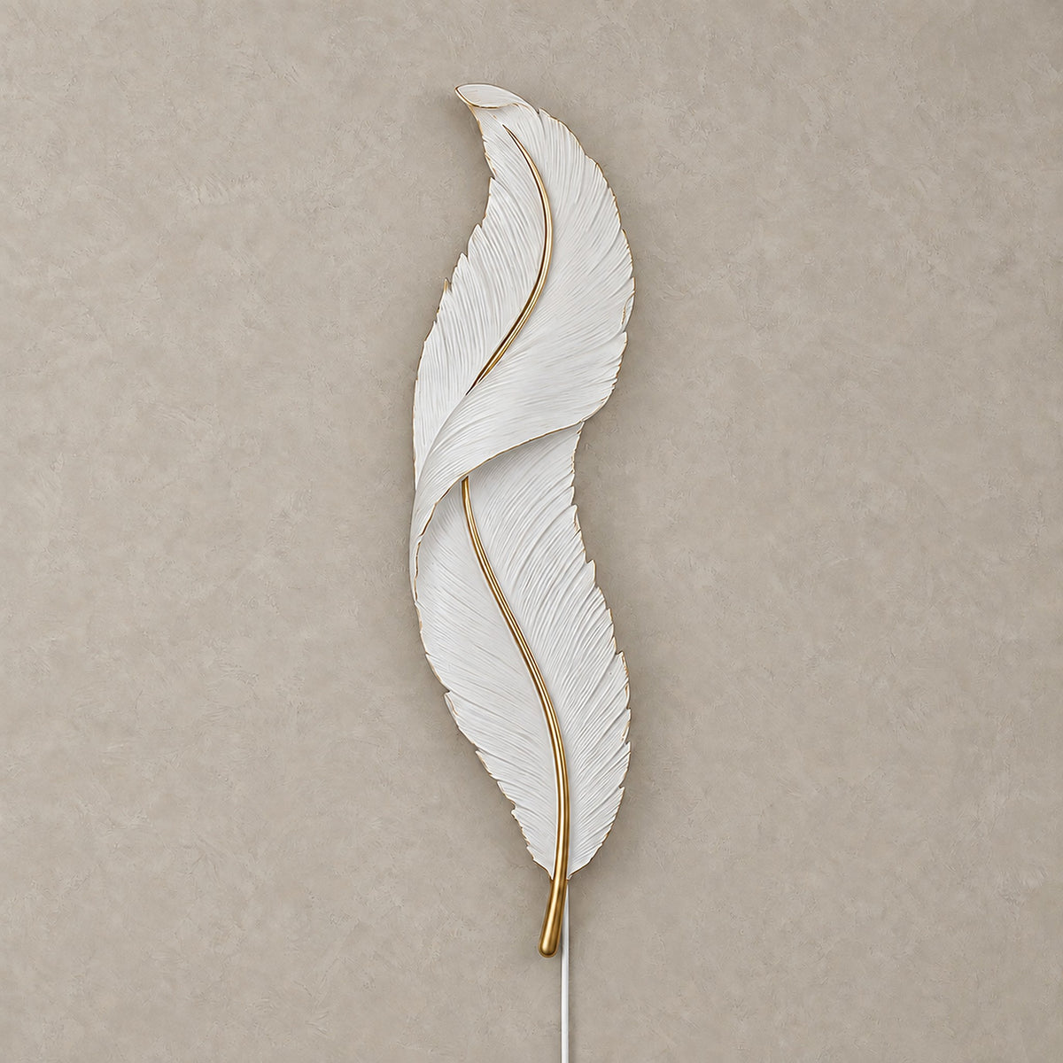 Riselvo white plug in wall sconce with the light off, a feather shape against greige plaster