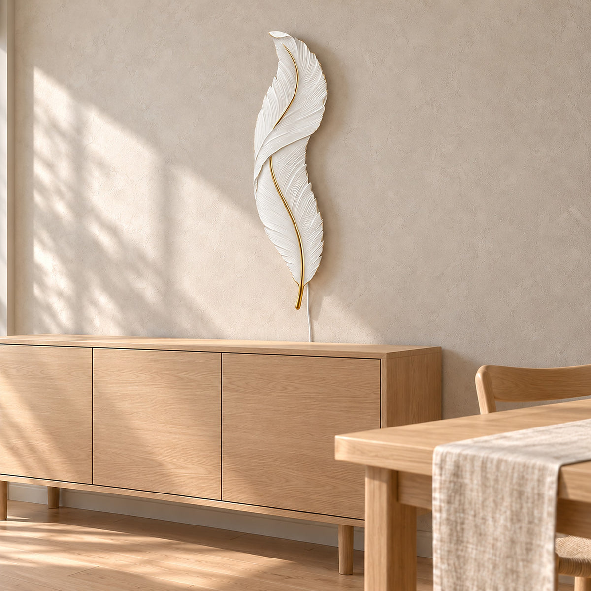 Riselvo white wall sconce switched off, reading as sculpture on a dining room wall in daylight