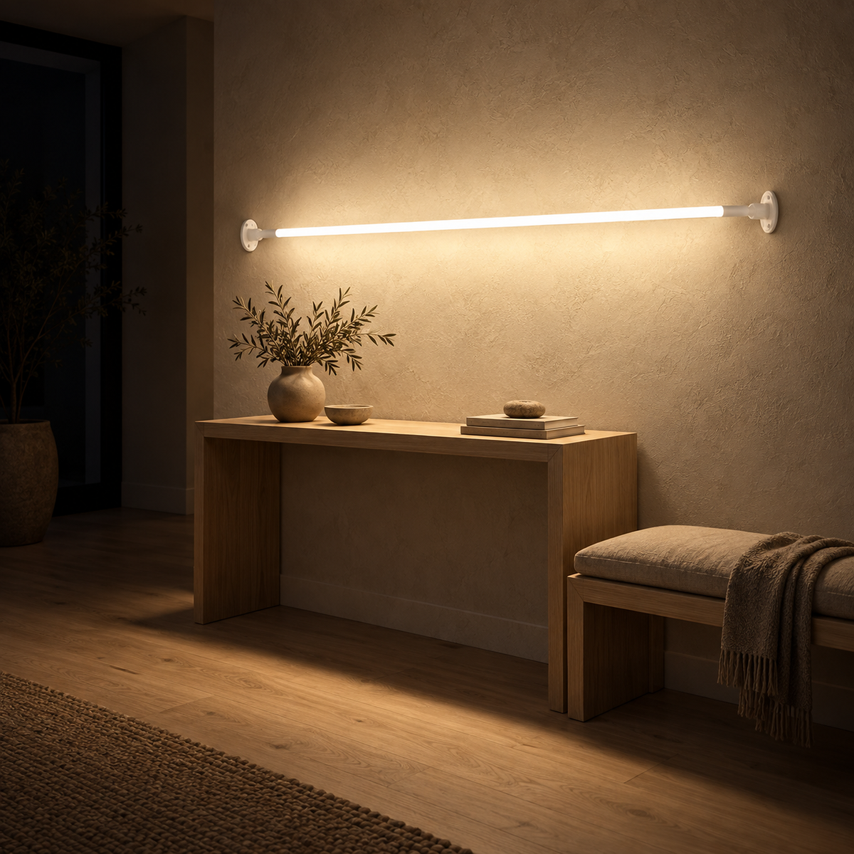 Ronelia white LED wall sconce casting warm light across the wall after dark