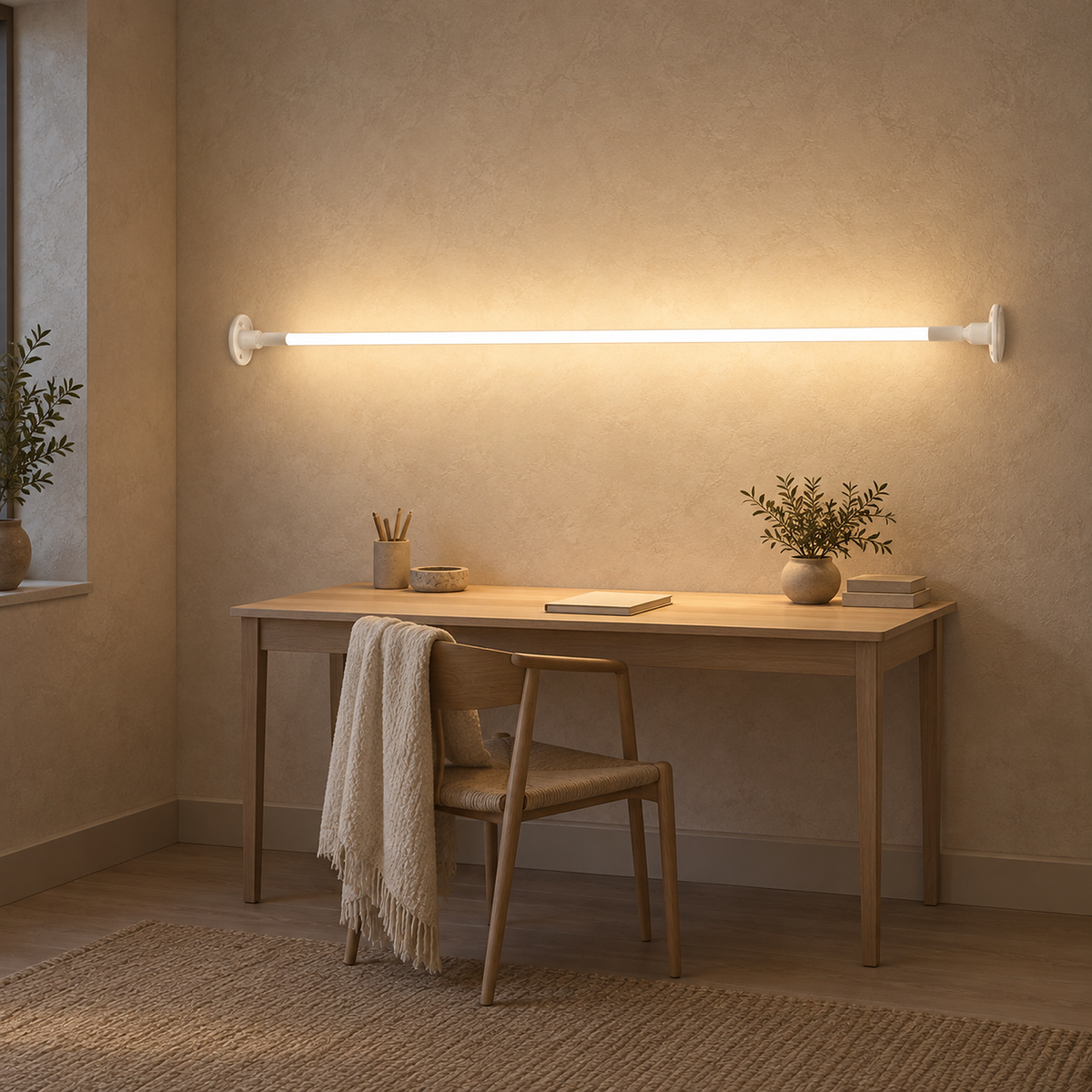 Ronelia white LED wall sconce warming a room in late afternoon daylight