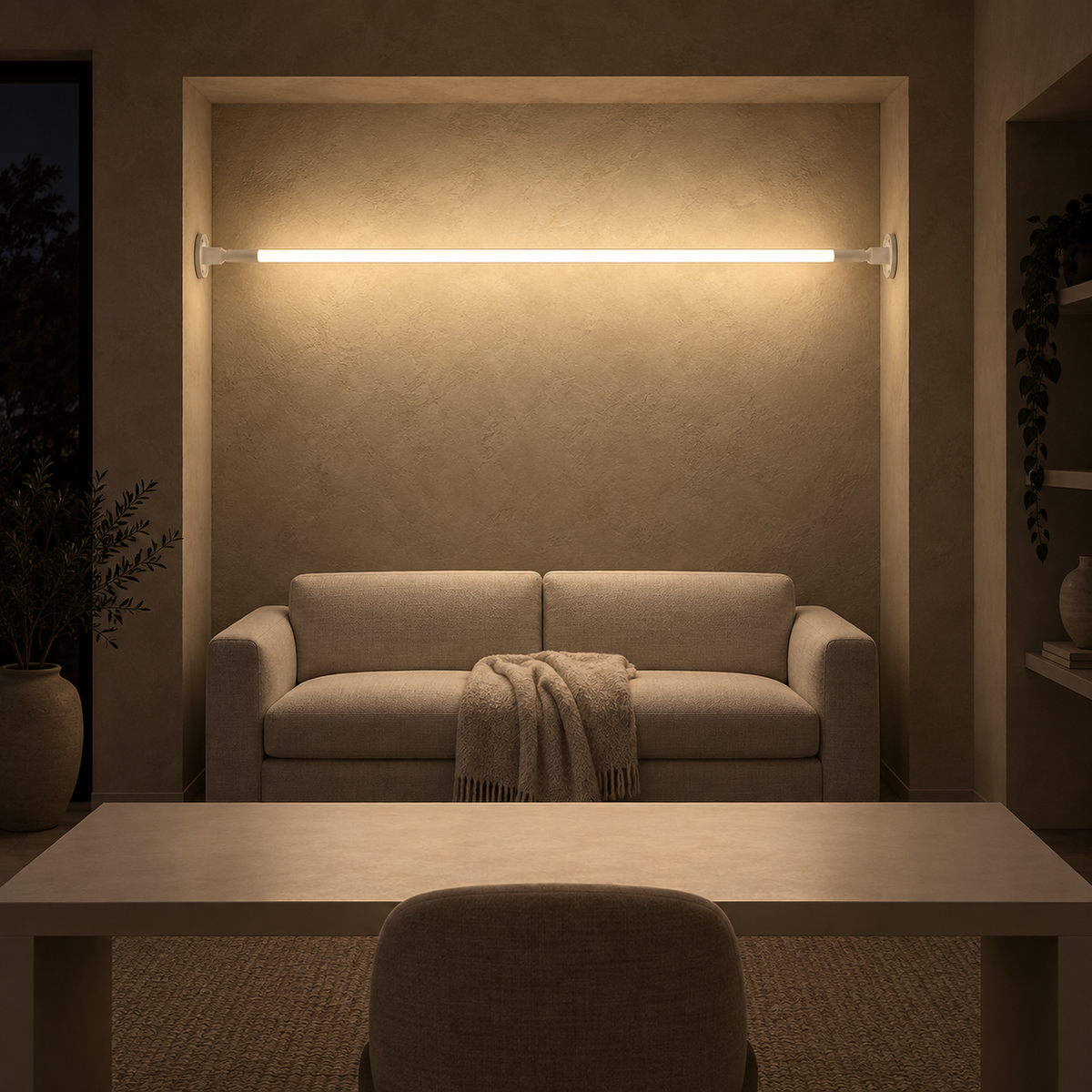 Ronelia white linear LED wall light set high on the wall lighting a room and leaving the desk clear