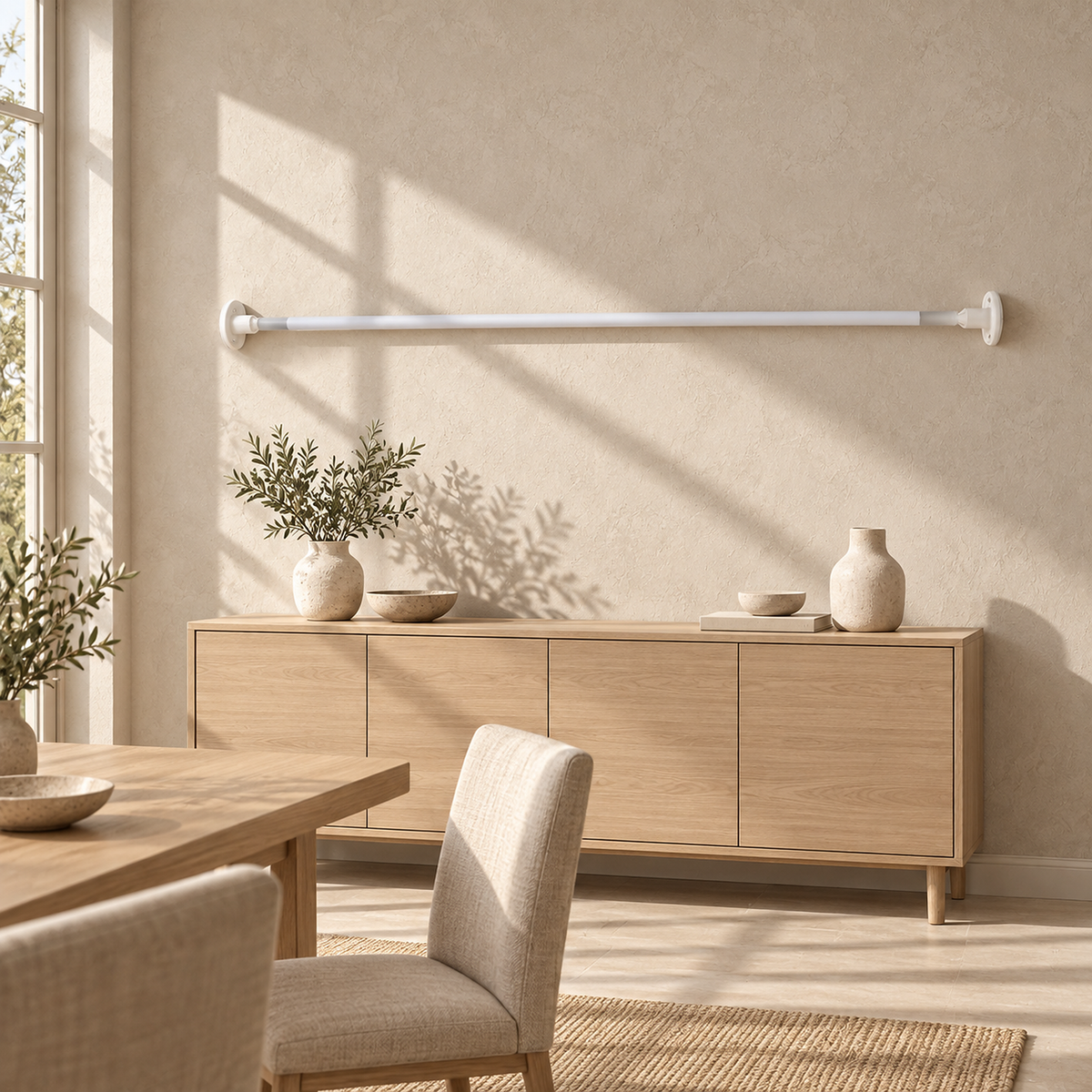 Ronelia white linear LED wall light unlit above a sideboard in direct sunlight