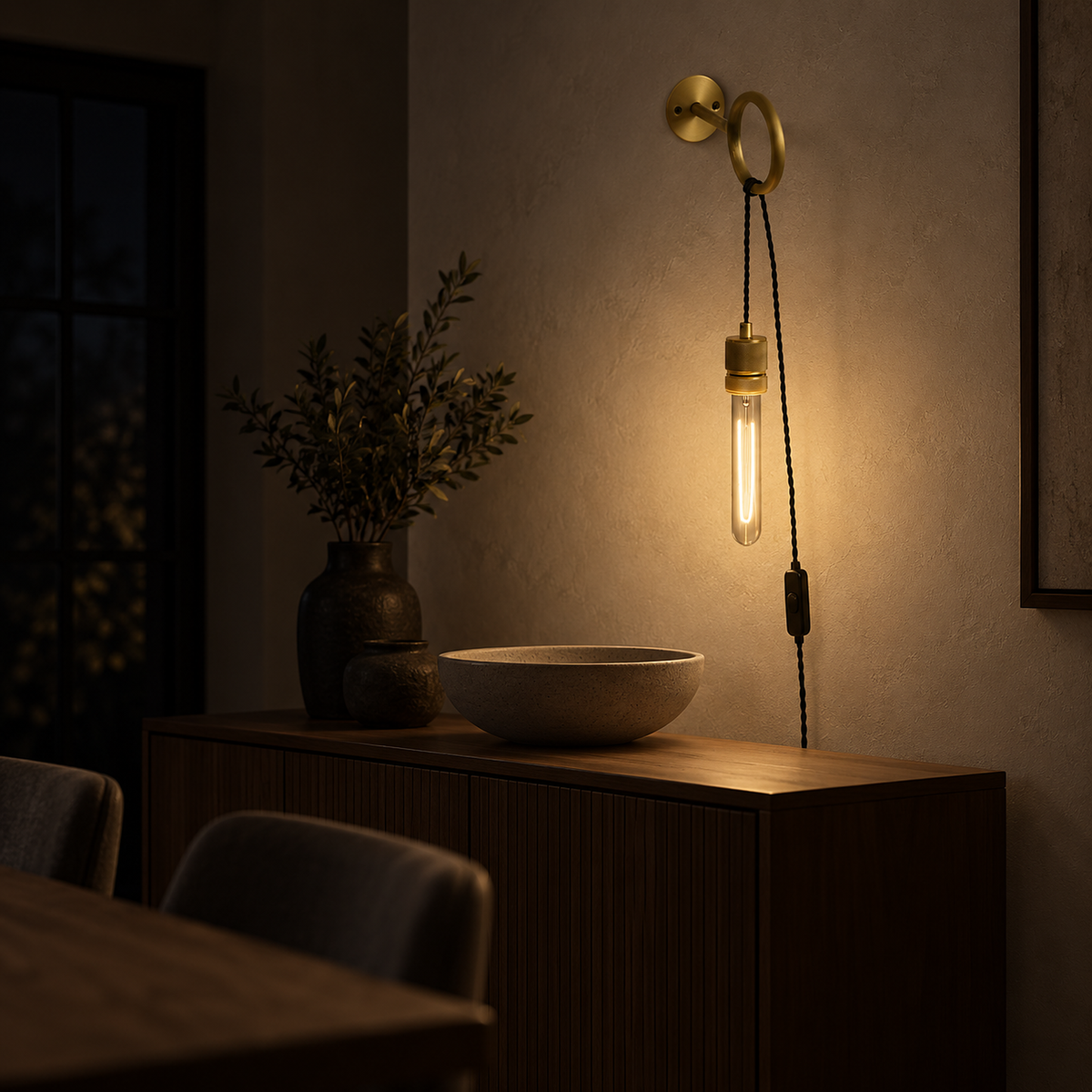 Rovenila gold wall lamp casting warm accent light across a dining room at night