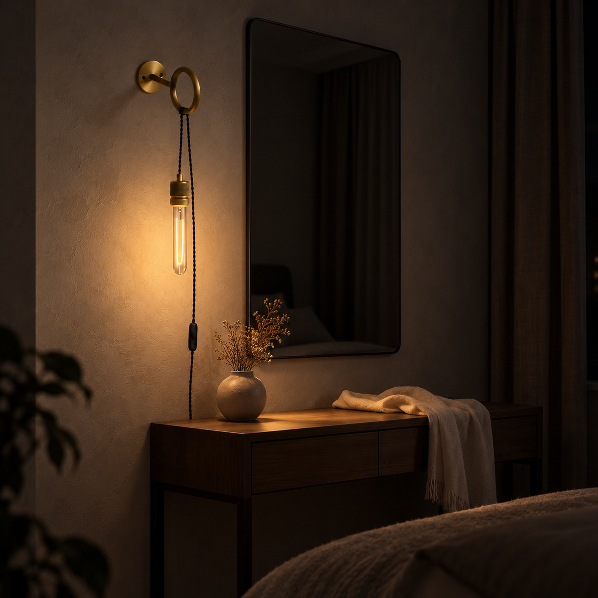 Rovenila gold wall lamp lighting plaster beside a dressing room mirror at night