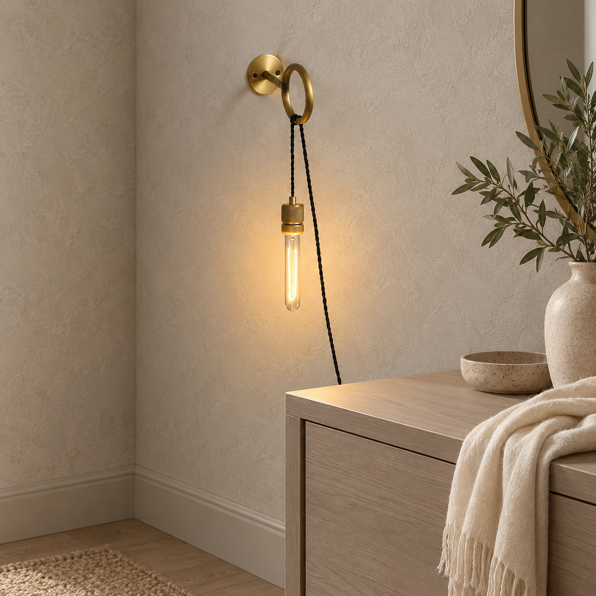 Rovenila gold wall lamp lit and showing its wall mounted plate in a dressing room