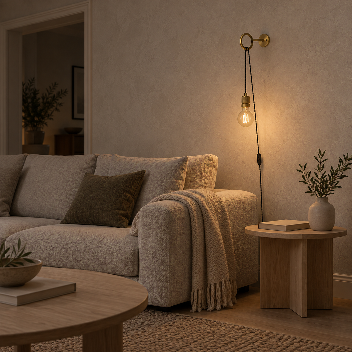 Rovenila copper wall light in a living room with its round bulb softly glowing