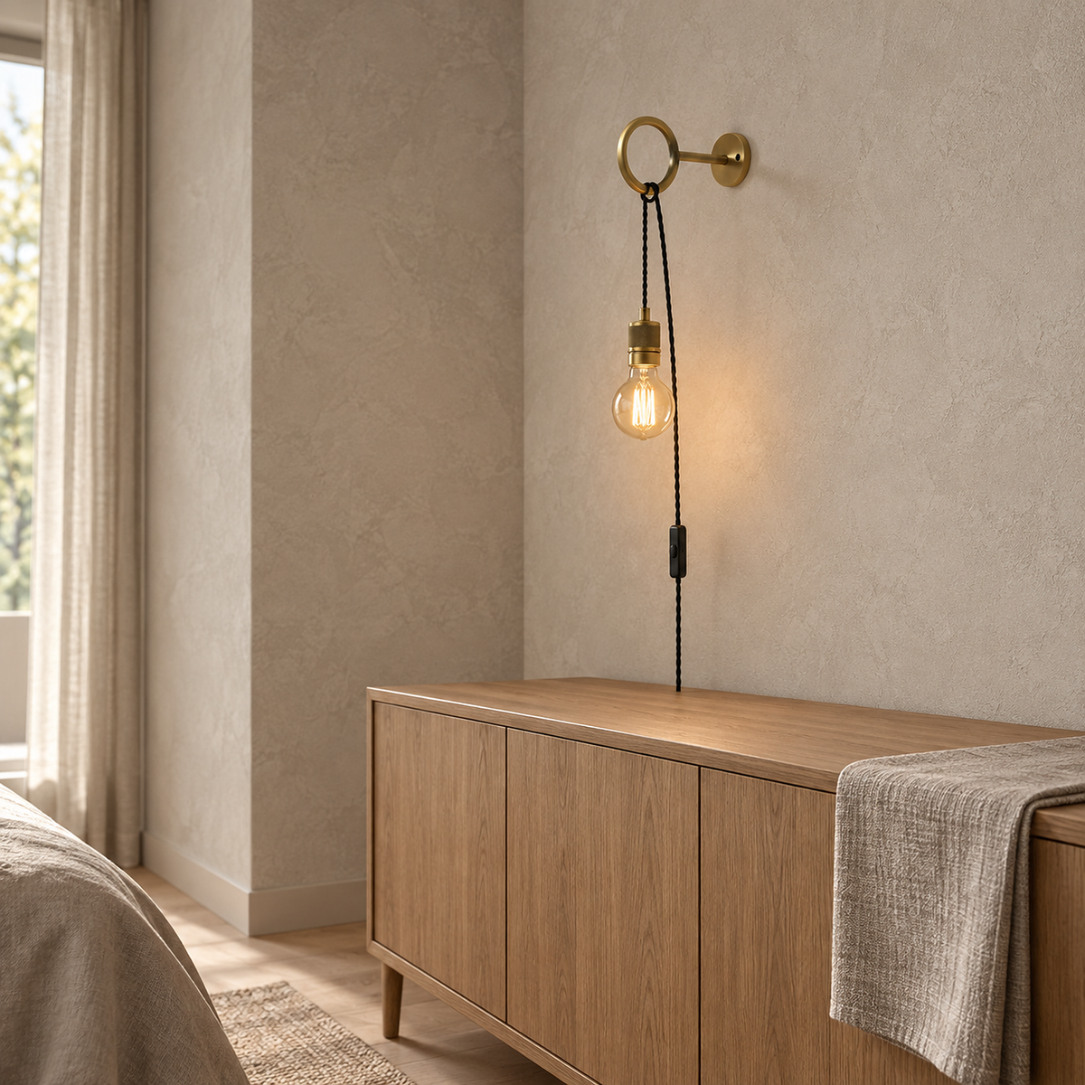 Rovenila gold wall light with a round bulb glowing above a dining room sideboard