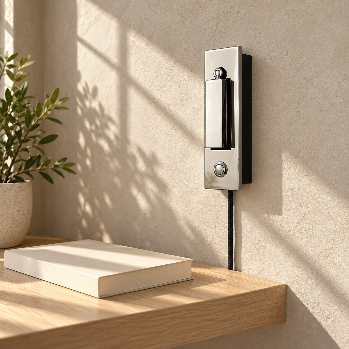 Saneviro black LED wall sconce unlit in a bright library reading corner by day