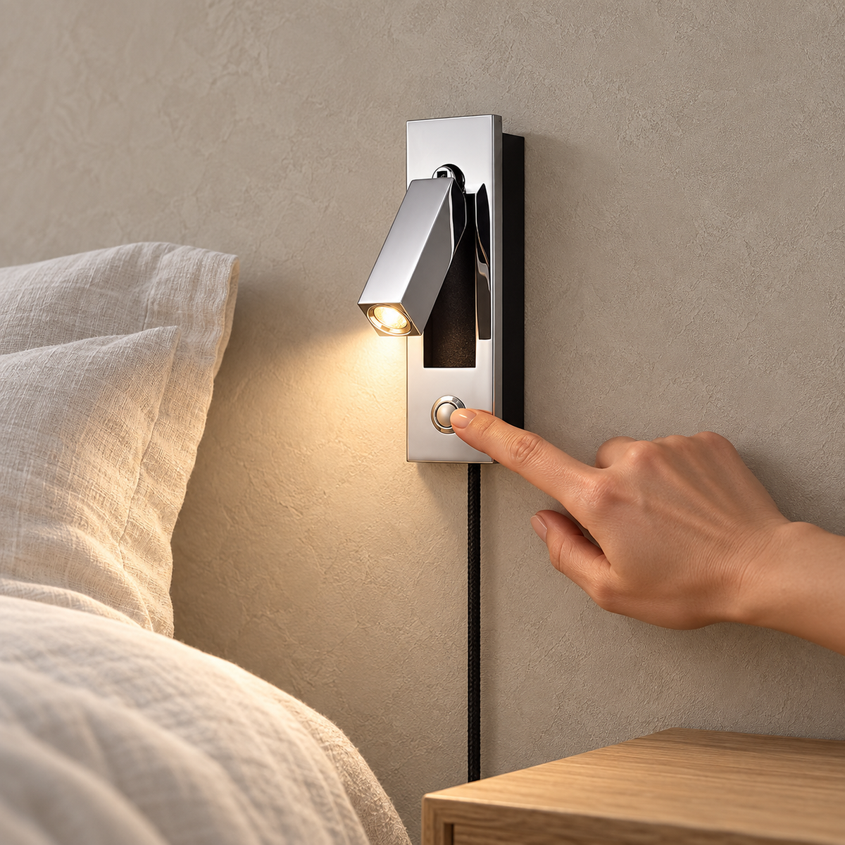 Saneviro black wall lamp with a fingertip on its switch on the fixture