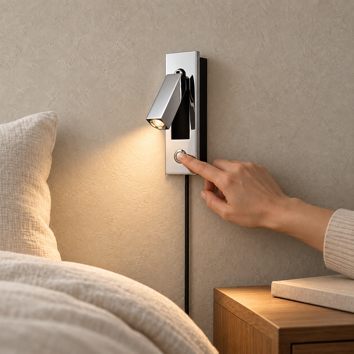 Saneviro black wall light above a clear nightstand corner in a bedroom