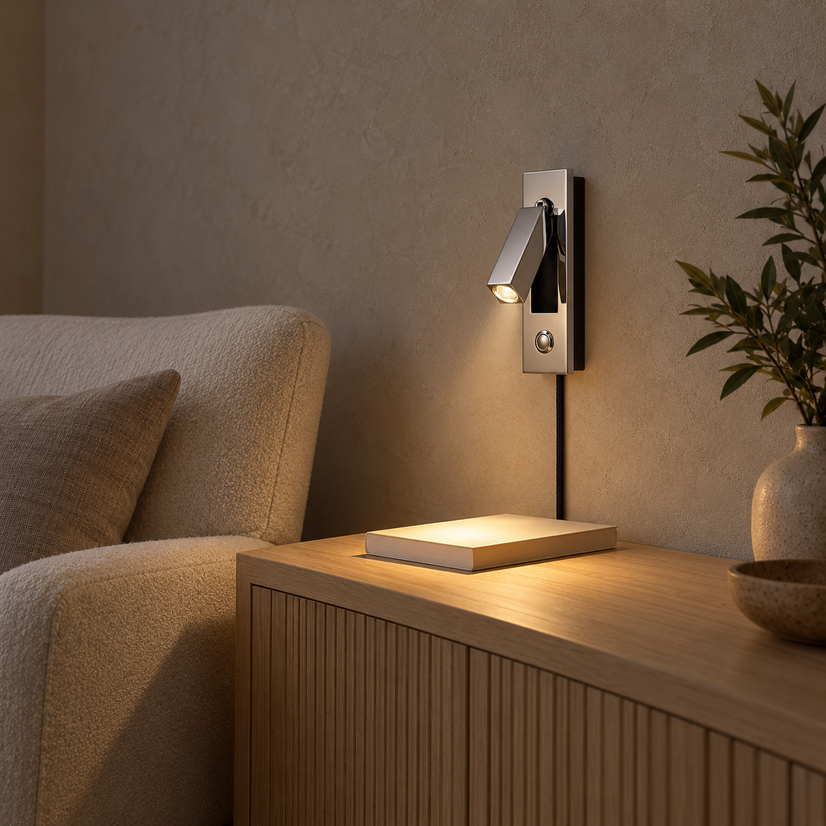 Saneviro black wall light with a warm white glow beside an ivory chair in a living room